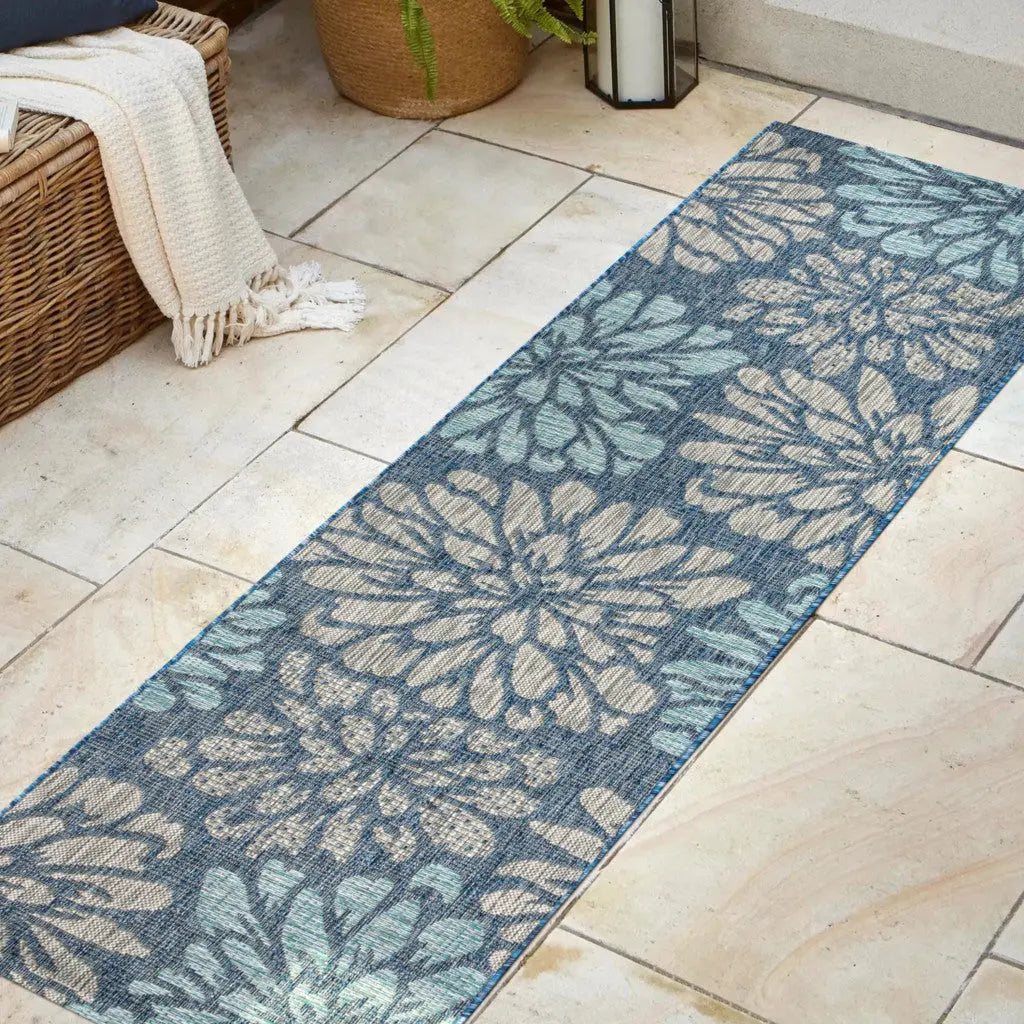 20' Navy Blue And Aqua Floral Indoor Outdoor Runner Rug Homeroots Outdoor