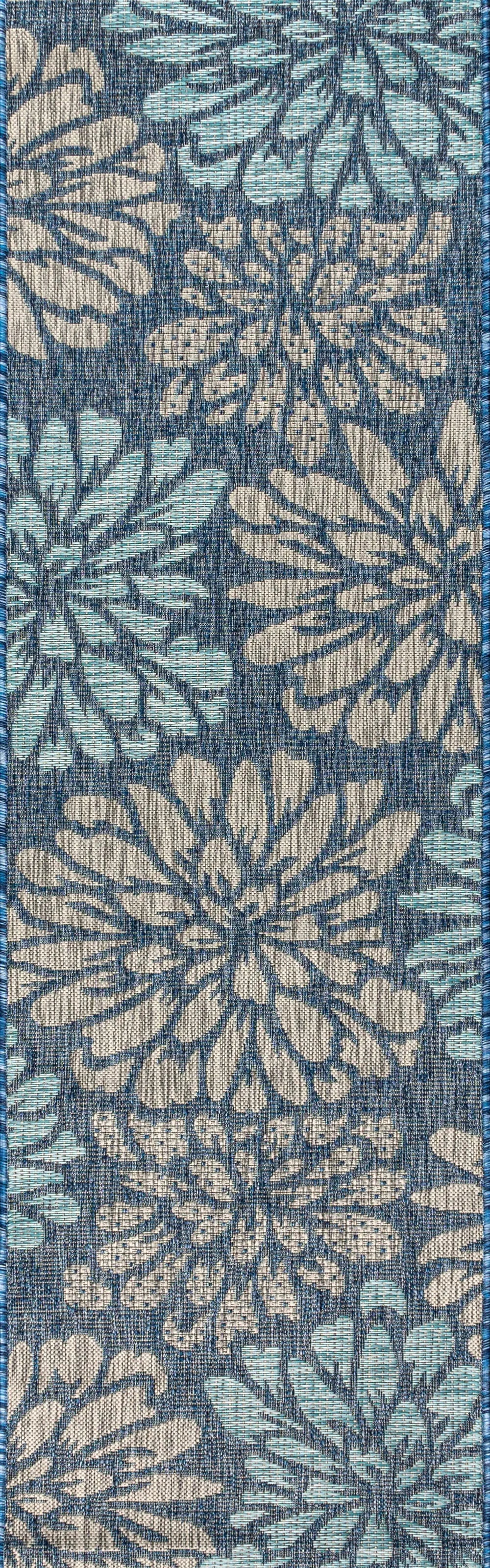 20' Navy Blue And Aqua Floral Indoor Outdoor Runner Rug Homeroots Outdoor