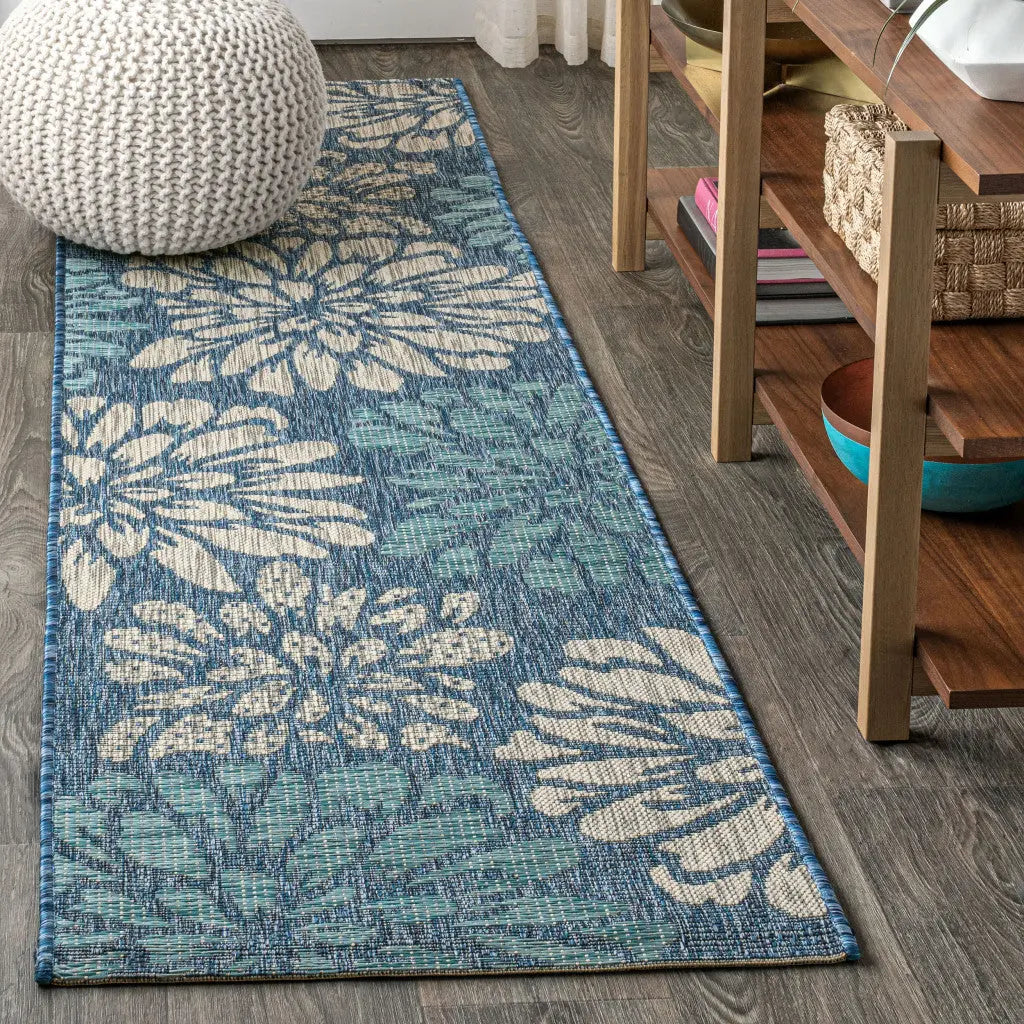 20' Navy Blue And Aqua Floral Indoor Outdoor Runner Rug Homeroots Outdoor