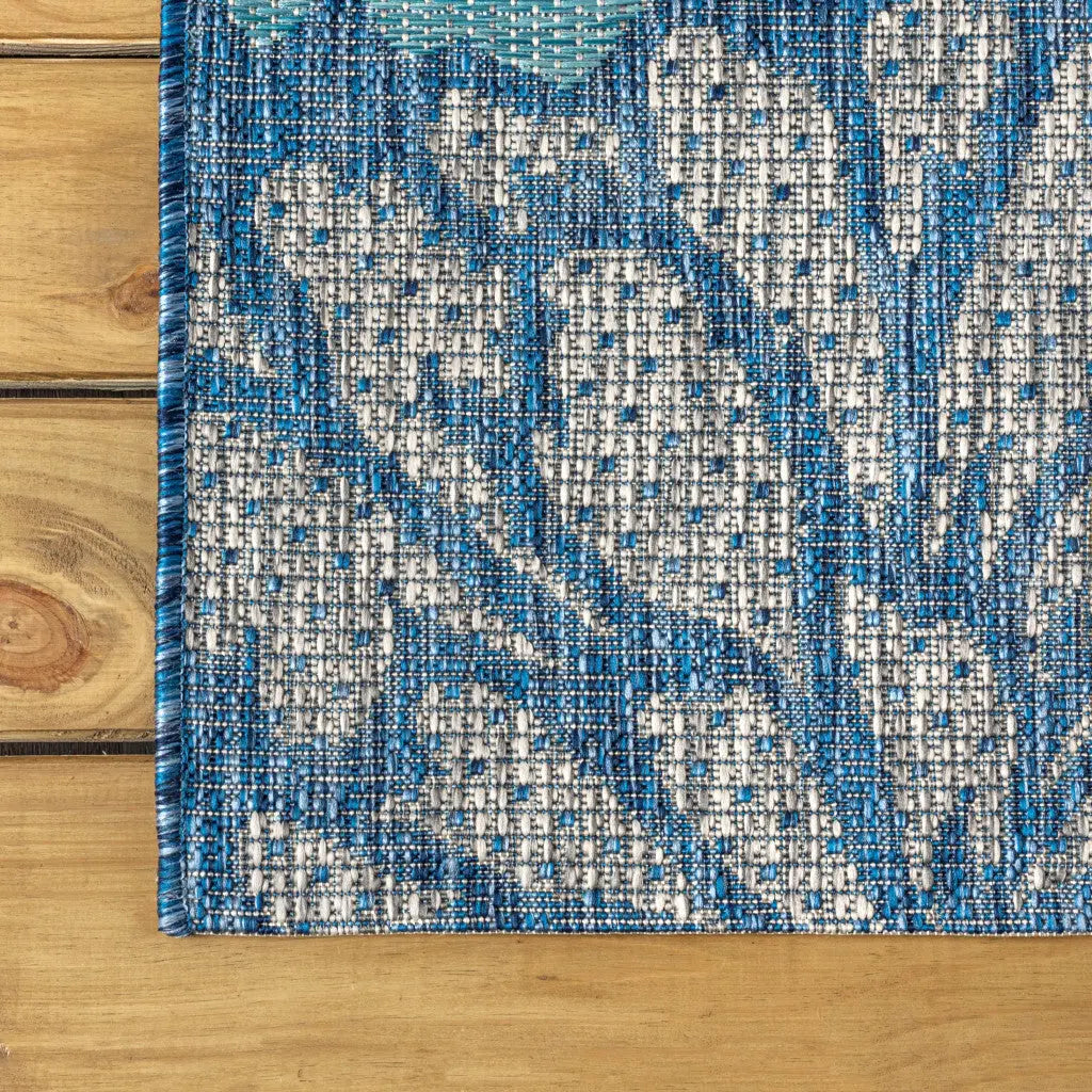 20' Navy Blue And Aqua Floral Indoor Outdoor Runner Rug Homeroots Outdoor