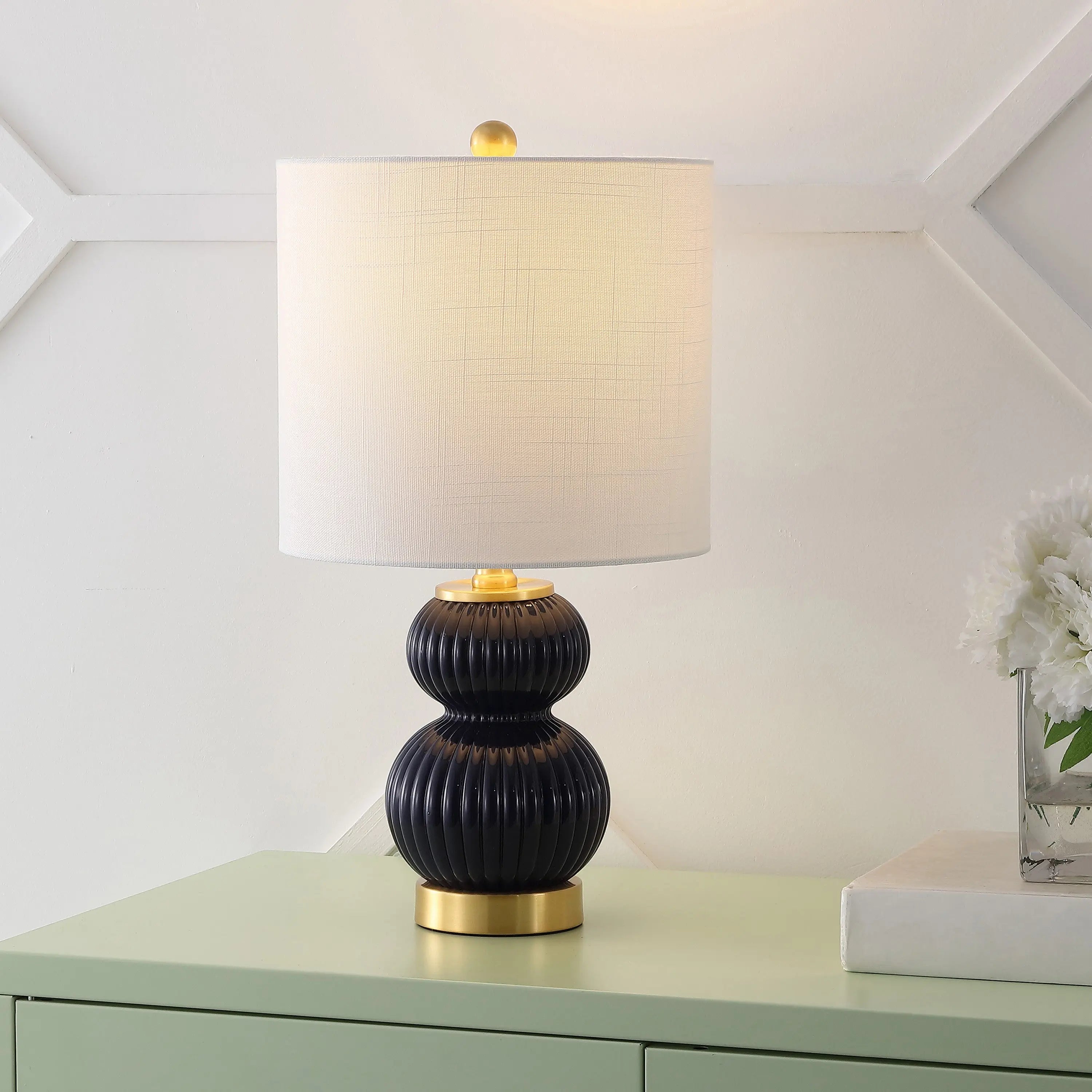 20" Navy Blue And Gold Gourd Table Lamp With Drum Shade Homeroots Lighting