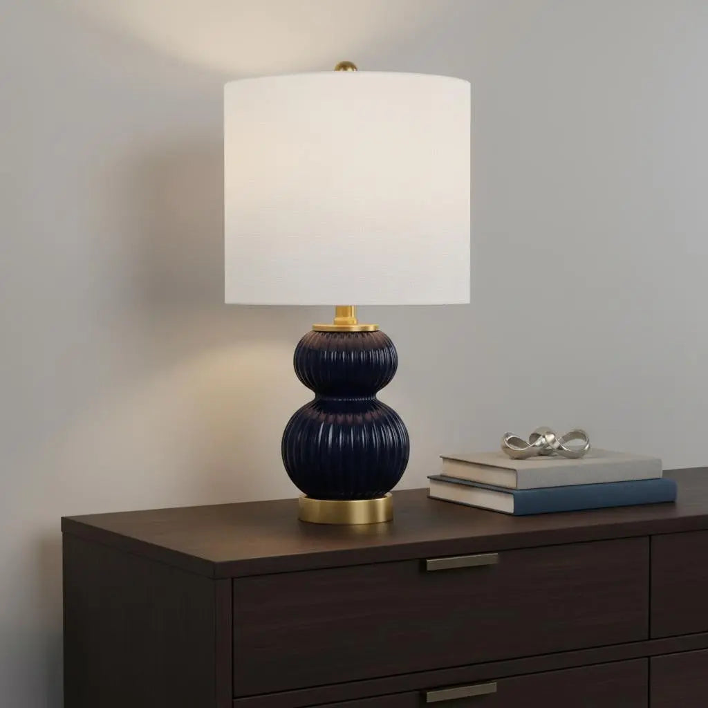 20" Navy Blue And Gold Gourd Table Lamp With Drum Shade Homeroots Lighting