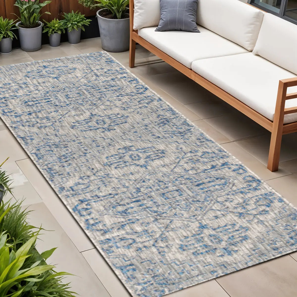 20' Navy Blue And Gray Medallion Indoor Outdoor Runner Rug Homeroots Outdoor