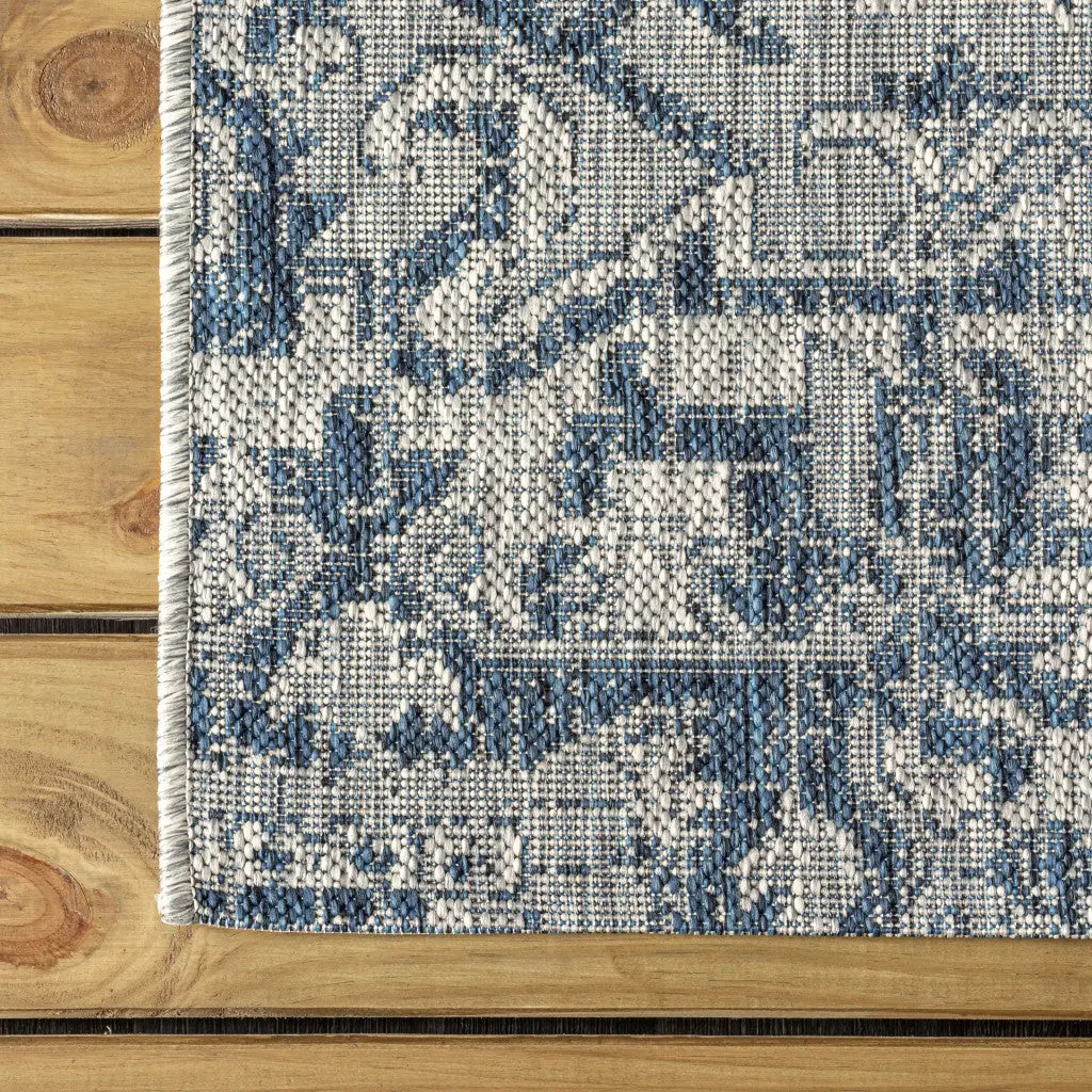 20' Navy Blue And Gray Medallion Indoor Outdoor Runner Rug Homeroots Outdoor