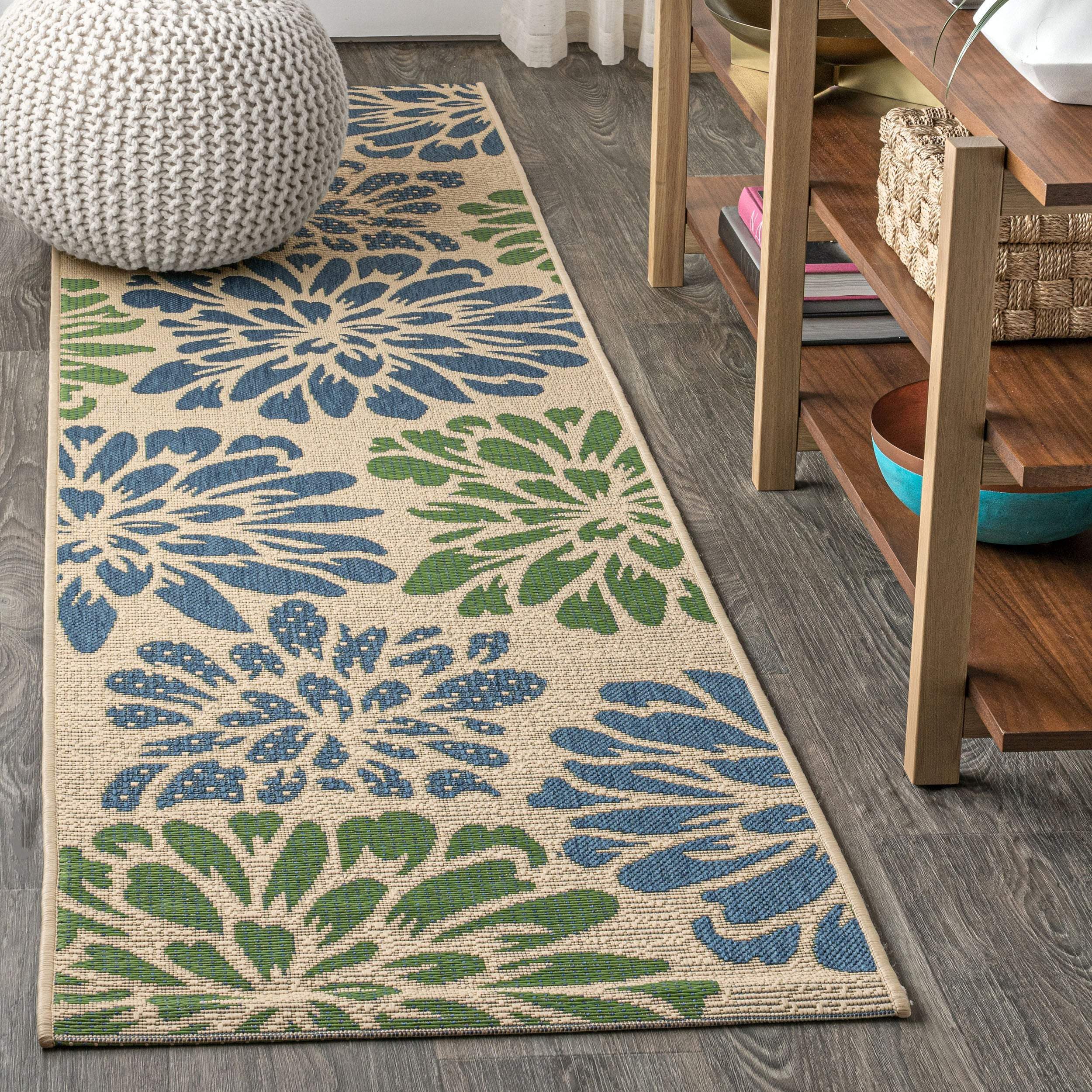 20' Navy Blue And Green Floral Indoor Outdoor Runner Rug - GreatEagleInc