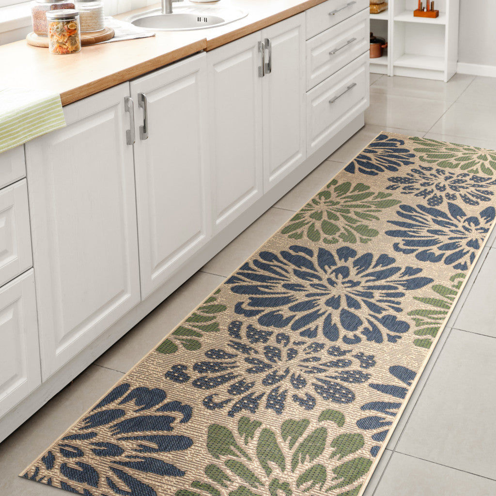 20' Navy Blue And Green Floral Indoor Outdoor Runner Rug - GreatEagleInc