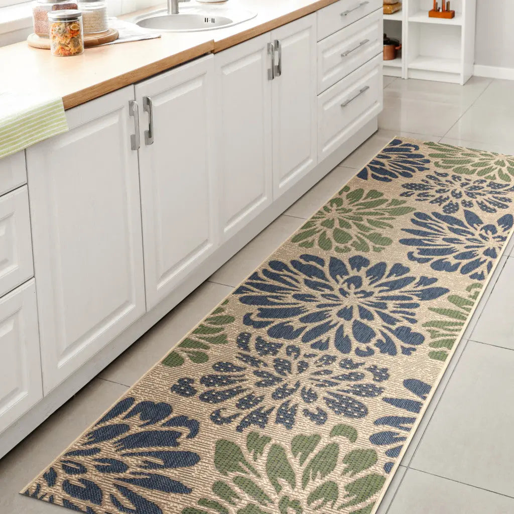 20' Navy Blue And Green Floral Indoor Outdoor Runner Rug - GreatEagleInc