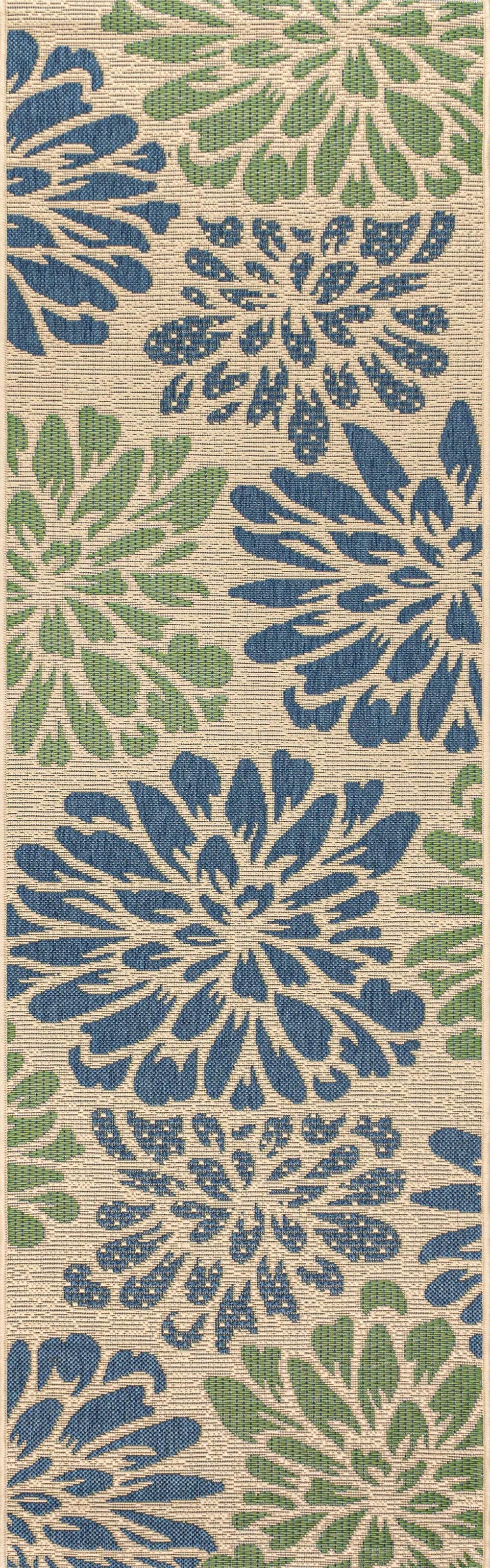 20' Navy Blue And Green Floral Indoor Outdoor Runner Rug - GreatEagleInc