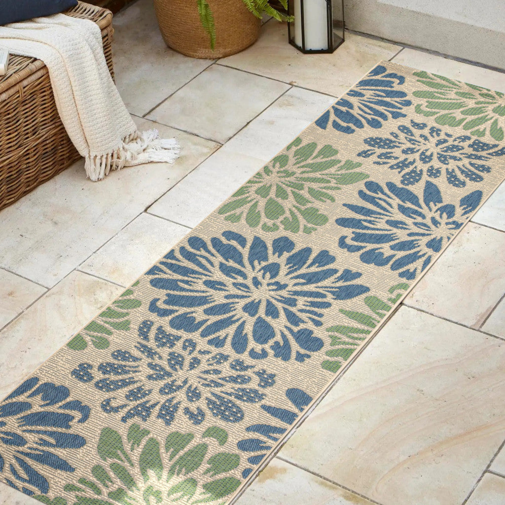 20' Navy Blue And Green Floral Indoor Outdoor Runner Rug - GreatEagleInc