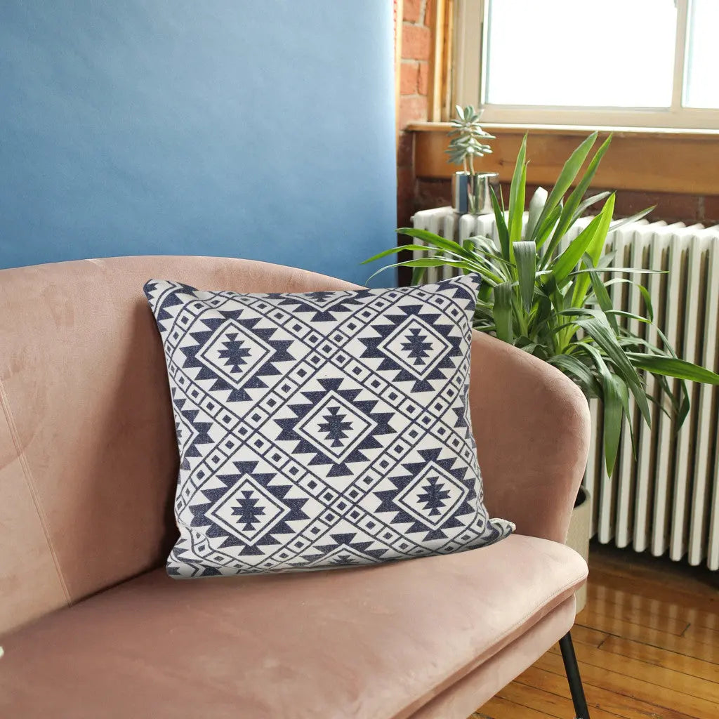 20" Navy Blue And Ivory Southwestern Cotton Throw Pillow Cover GreatEagleInc