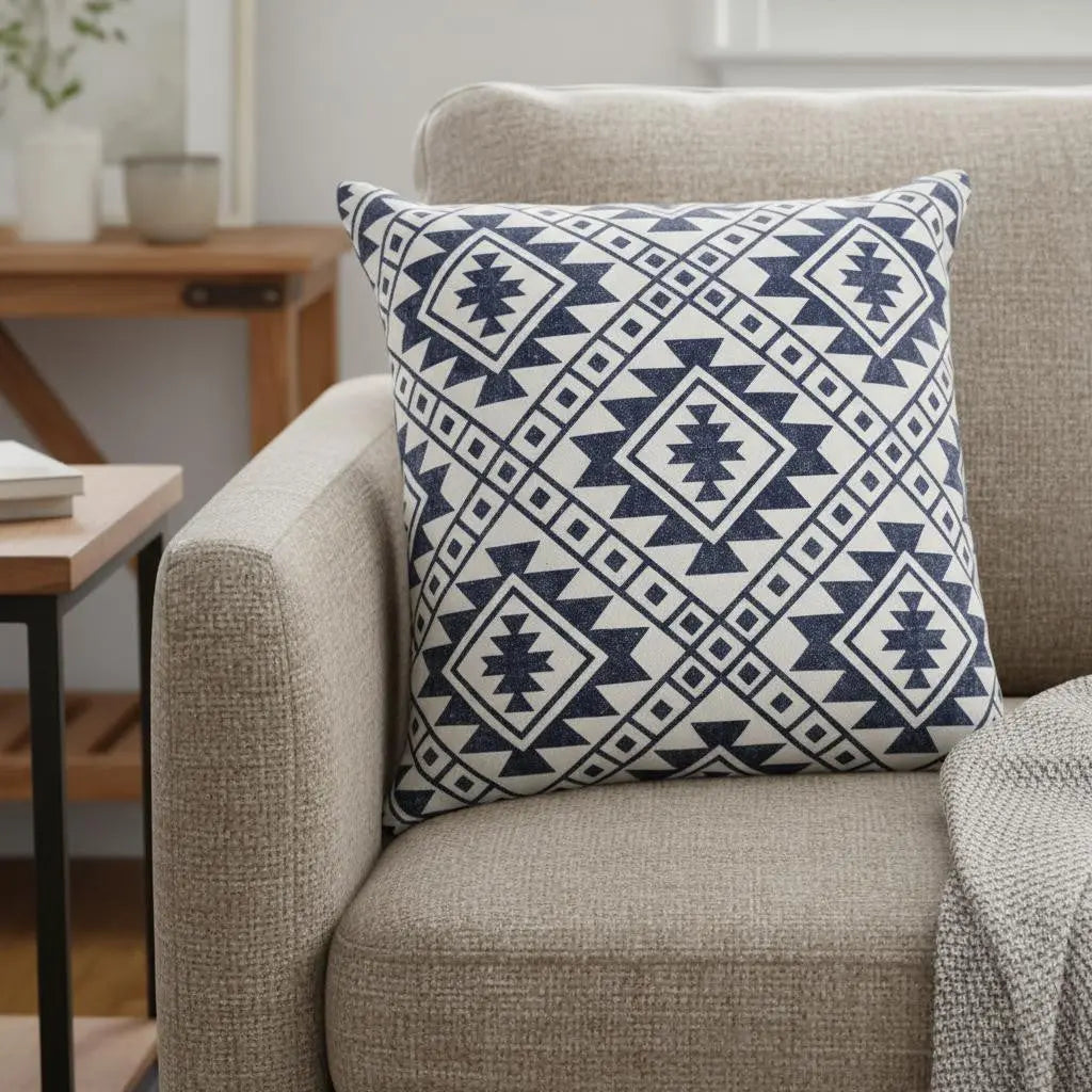 20" Navy Blue And Ivory Southwestern Cotton Throw Pillow Cover GreatEagleInc