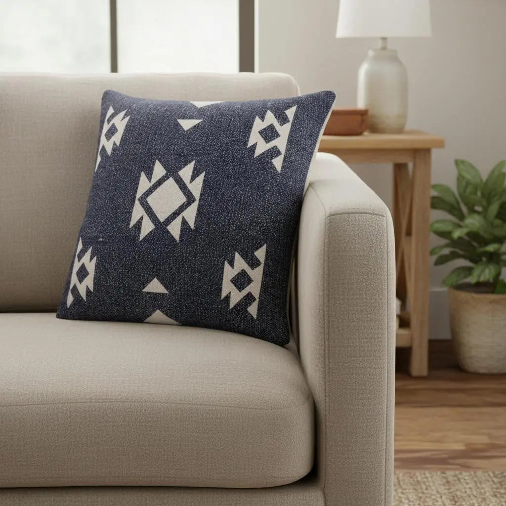 20" Navy Blue And Off White Southwestern Cotton Throw Pillow Cover GreatEagleInc