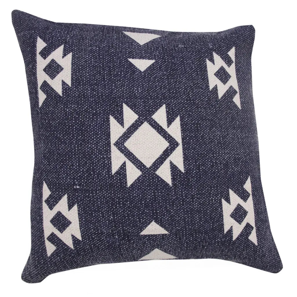 20" Navy Blue And Off White Southwestern Cotton Throw Pillow Cover GreatEagleInc