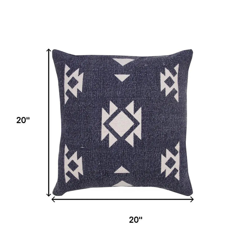 20" Navy Blue And Off White Southwestern Cotton Throw Pillow Cover GreatEagleInc