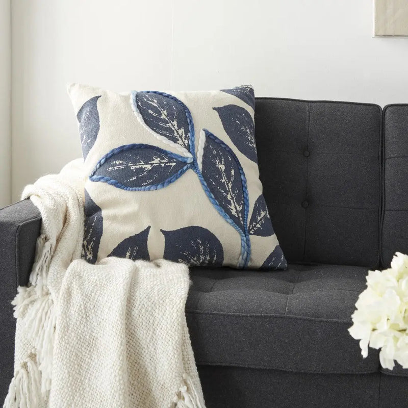 20" Navy Blue Floral Cotton Blend Throw Pillow - GreatEagleInc