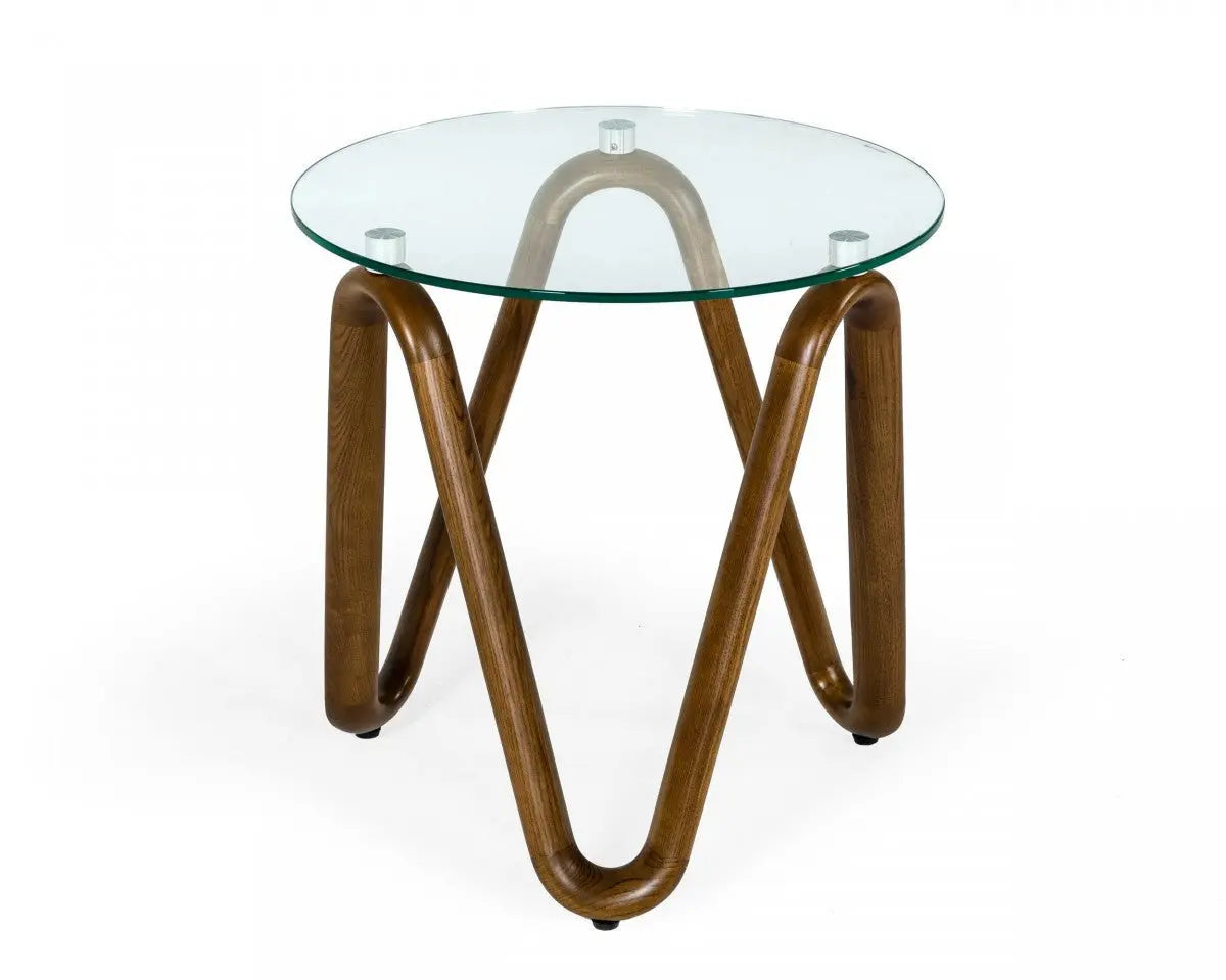 20" Walnut And Clear Glass  Solid Wood Ribbon Base Round End Table Homeroots Living Room