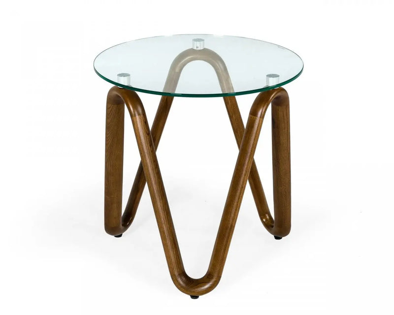 20" Walnut And Clear Glass  Solid Wood Ribbon Base Round End Table Homeroots Living Room