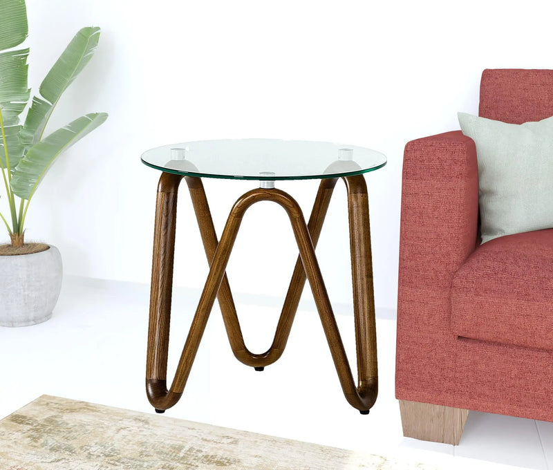 20" Walnut And Clear Glass  Solid Wood Ribbon Base Round End Table Homeroots Living Room