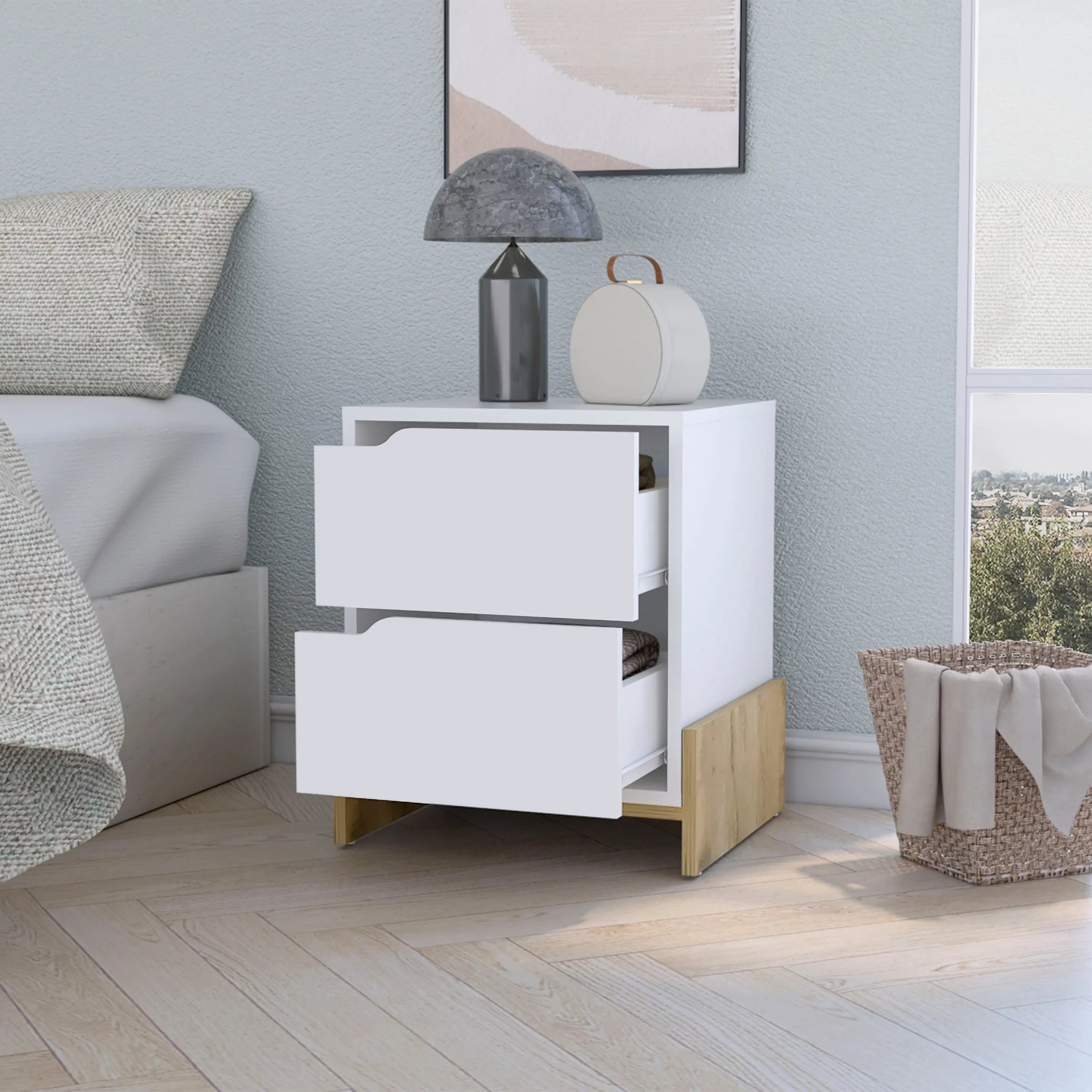 20" White And Natural Wood Two Drawer Nightstand Homeroots Bed & Bath