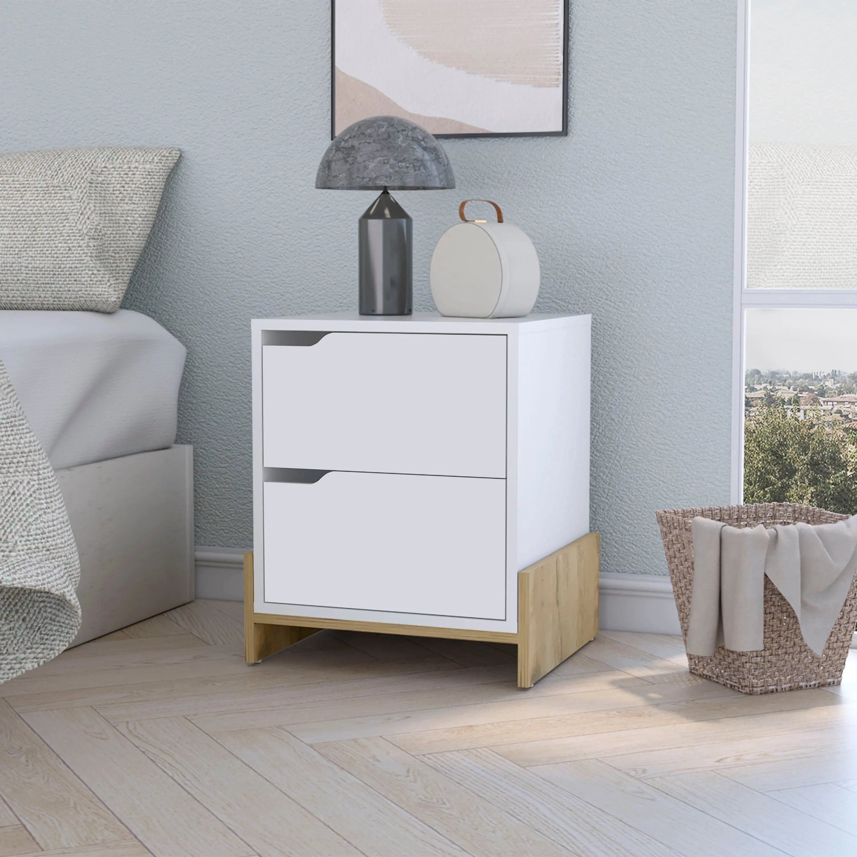 20" White And Natural Wood Two Drawer Nightstand Homeroots Bed & Bath