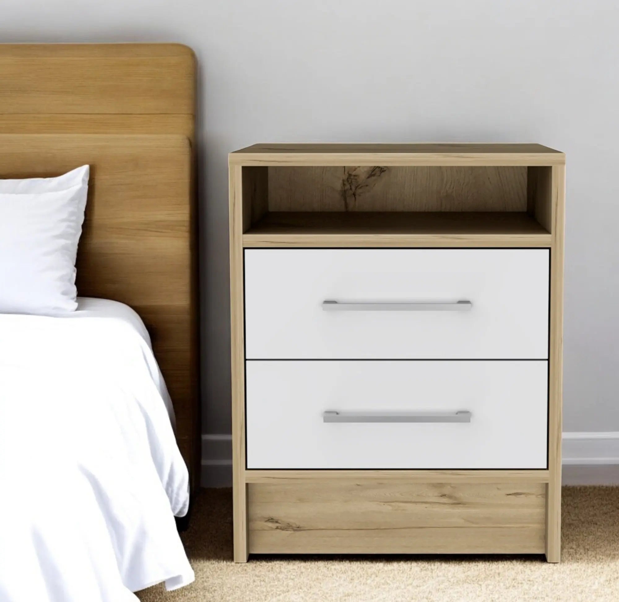 20" White And Natural Wood Two Drawer Nightstand Homeroots Bed & Bath
