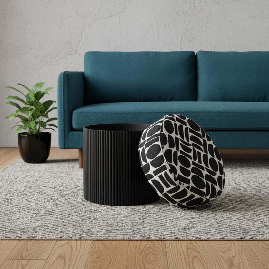 20" White and Black Fabric Round Ottoman - GreatEagleInc