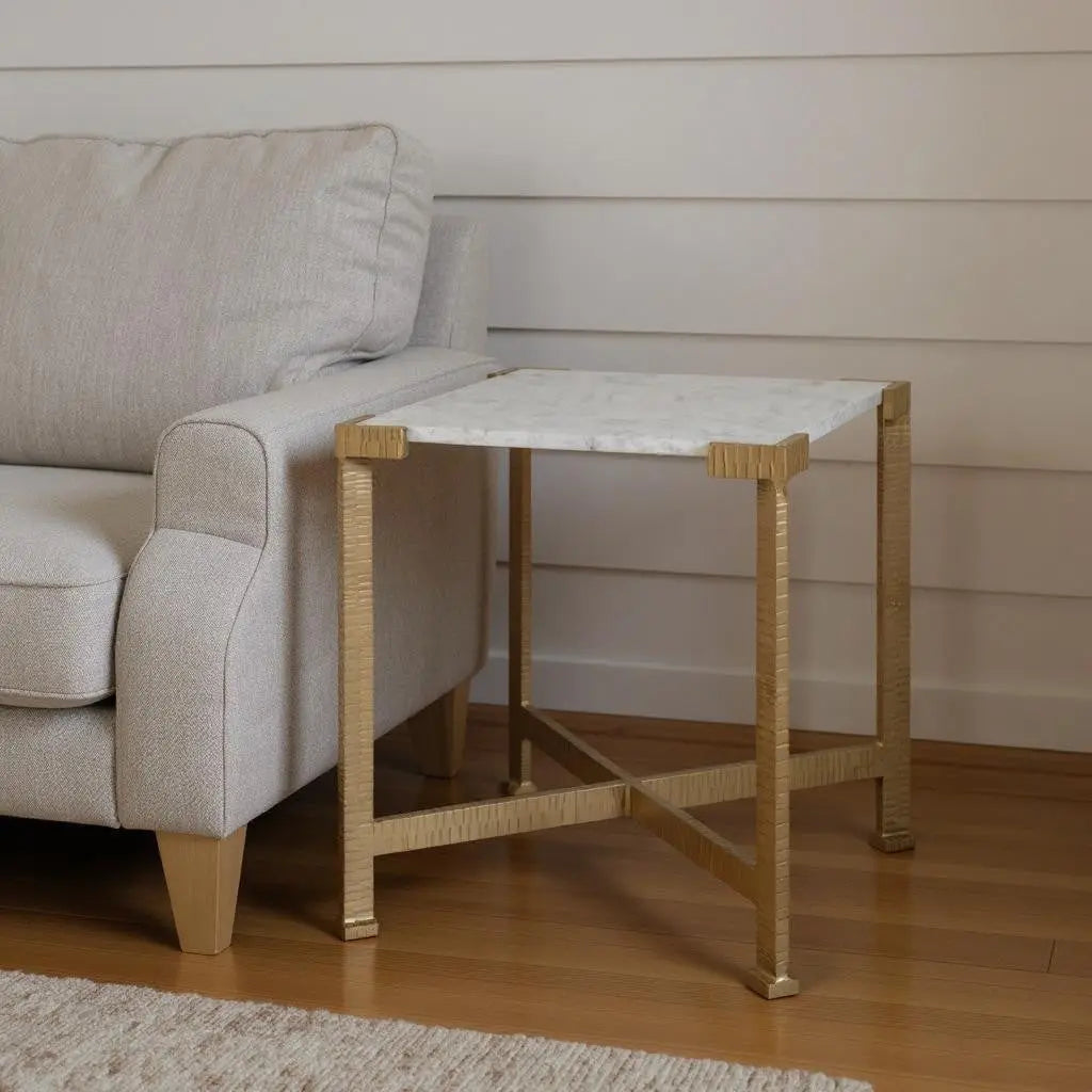 20" White and Gold Distressed Marble and Iron Square End Table - GreatEagleInc