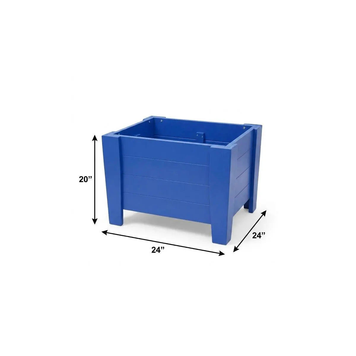 Blue rectangular plastic planter box, 24" L x 24" W x 20" H, perfect for outdoor gardening and decor.