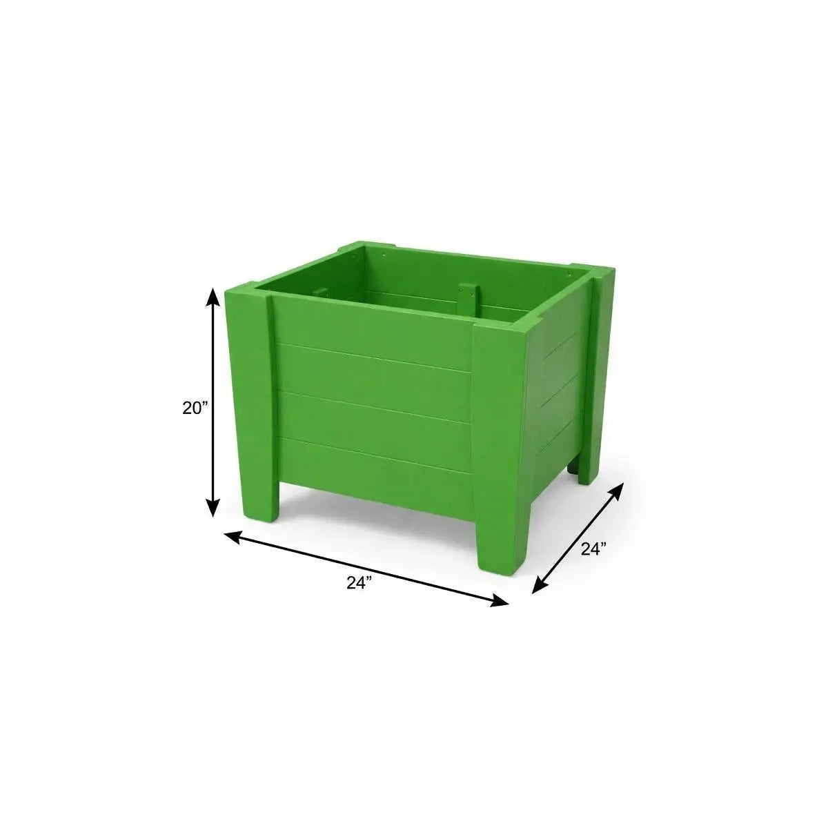Bright green, square plastic planter box, 24" x 24" x 20", durable and stylish for indoor or outdoor gardening.