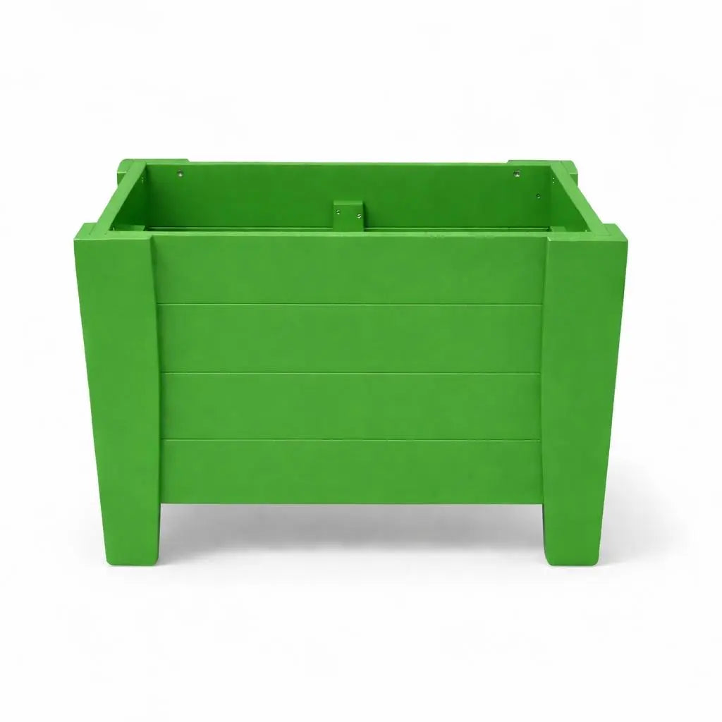 Bright green wooden planter box with a modern design, perfect for outdoor gardening and flower display.