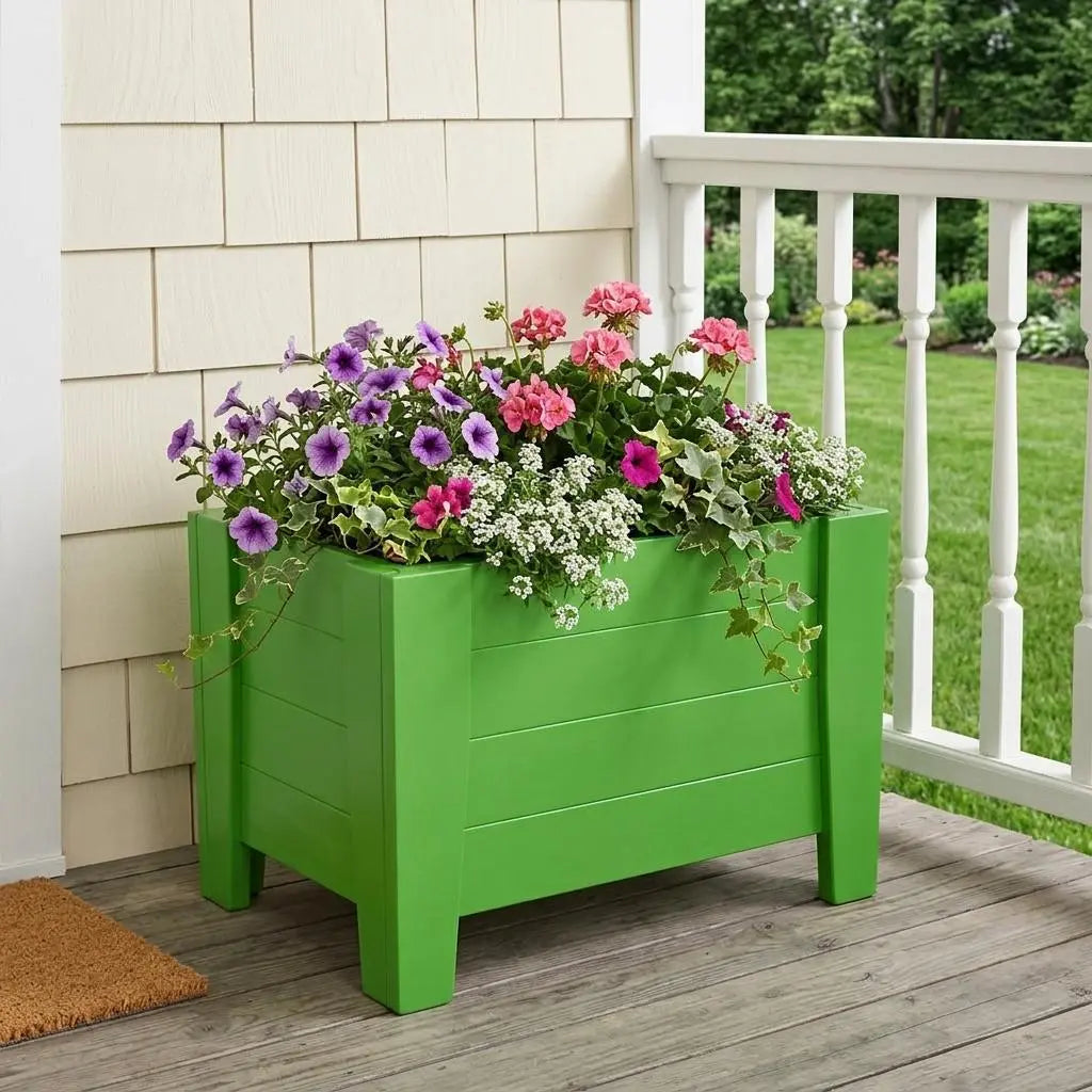 Vibrant green wooden planter box filled with pink and purple flowers, perfect for patios or gardens.