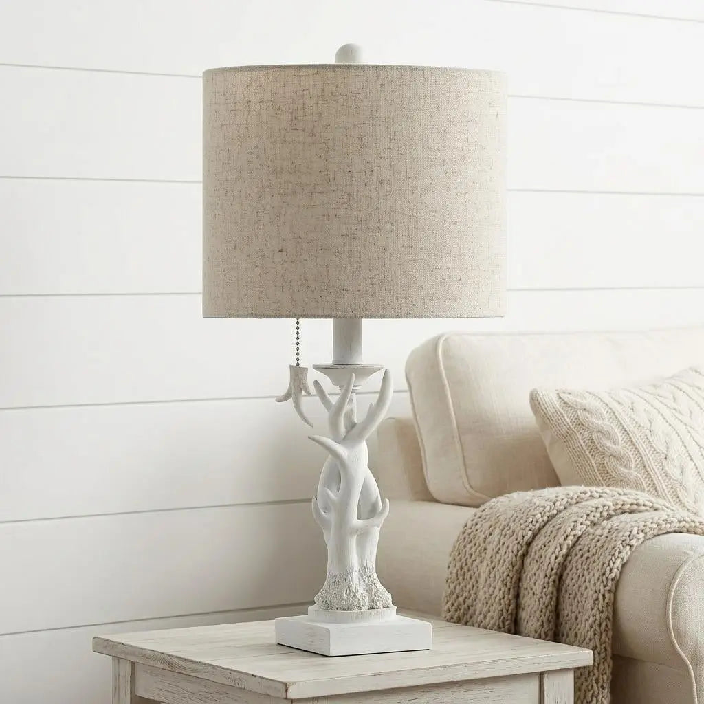 21" Antiqued White Antlers Desk Lamp With Drum Shade Homeroots Lighting