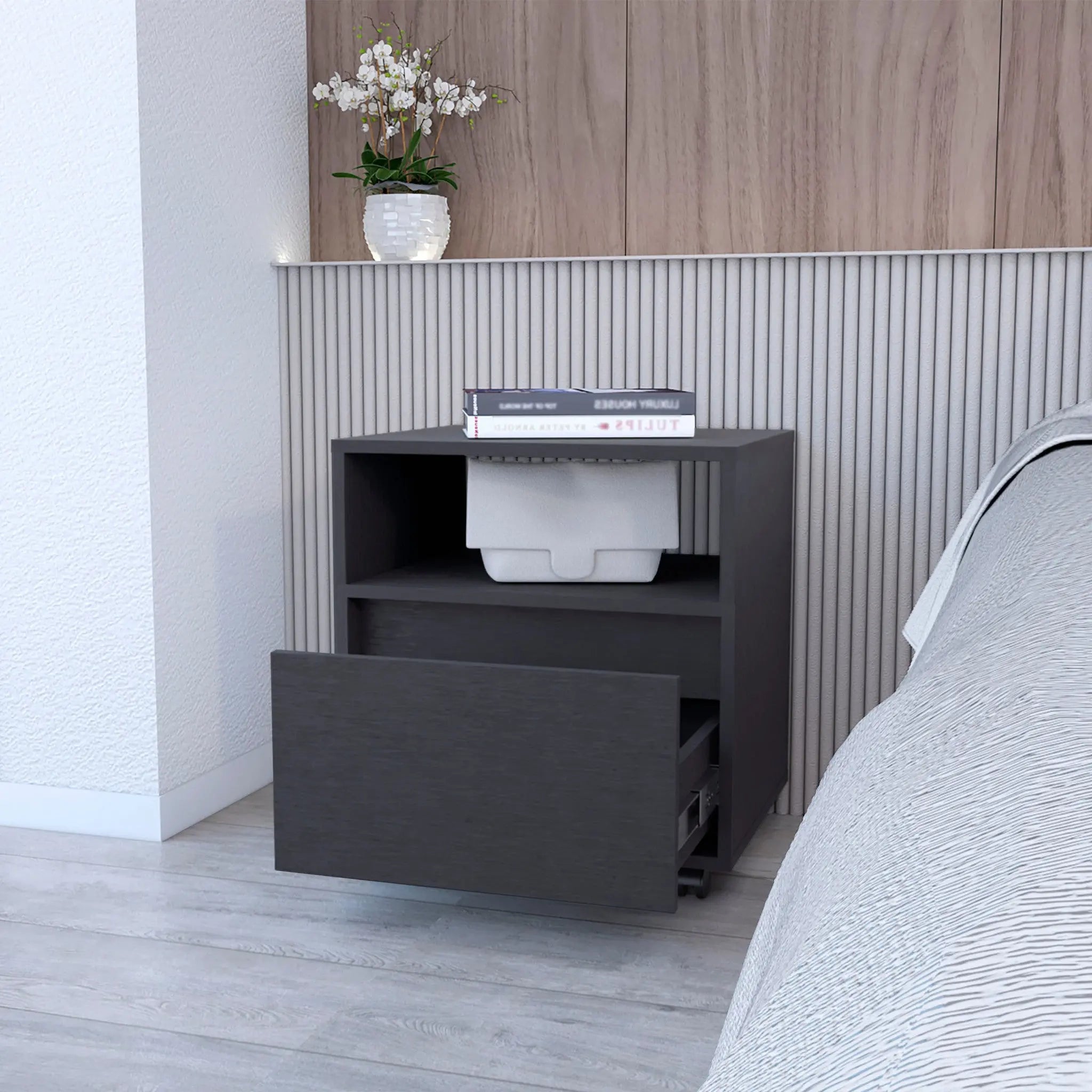 21" Black Wood One Drawer Nightstand with Integrated Tech Homeroots Bed & Bath