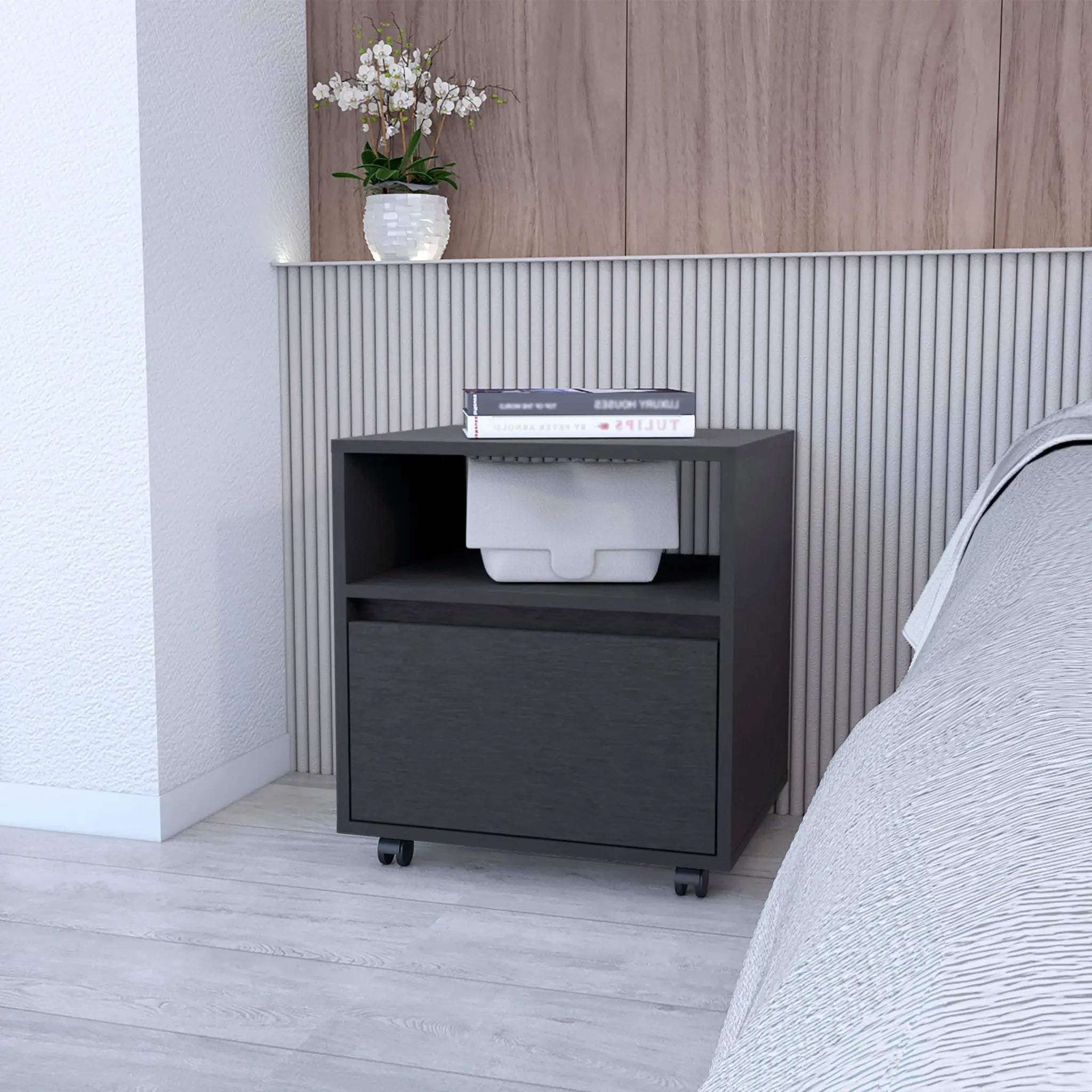 21" Black Wood One Drawer Nightstand with Integrated Tech Homeroots Bed & Bath