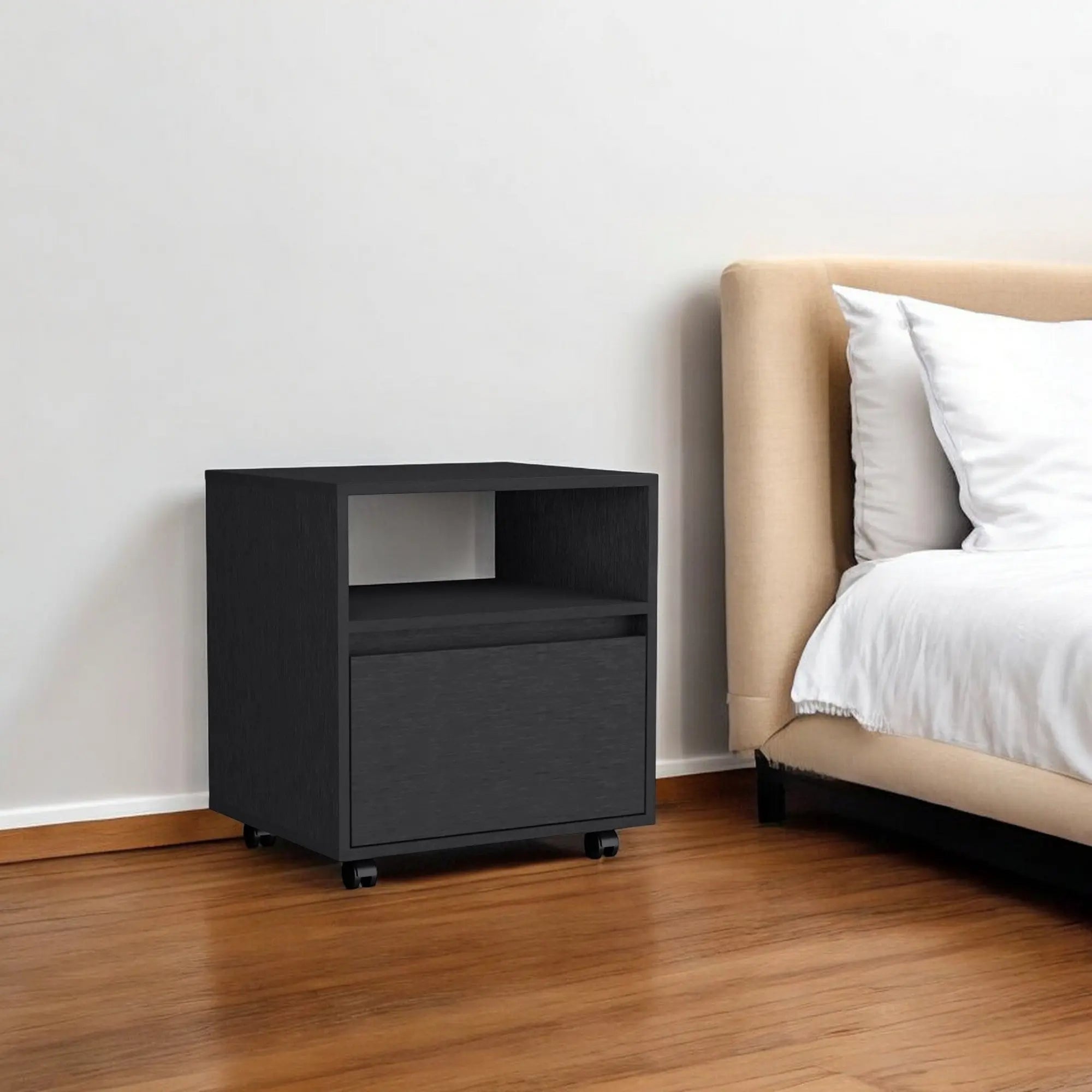 21" Black Wood One Drawer Nightstand with Integrated Tech Homeroots Bed & Bath