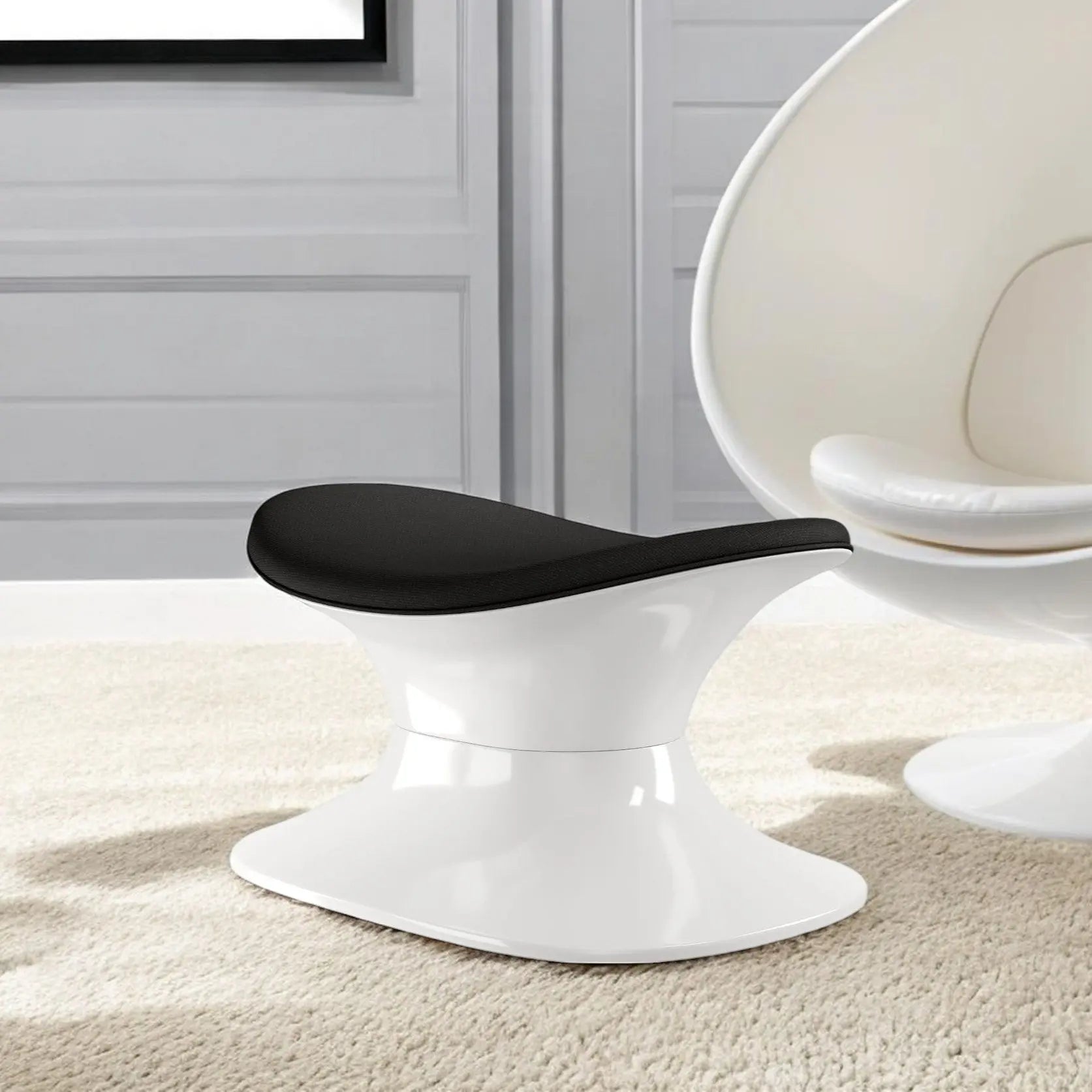 21" Black and White Wool And Fiberglass Contempo Footstool Ottoman Homeroots Living Room
