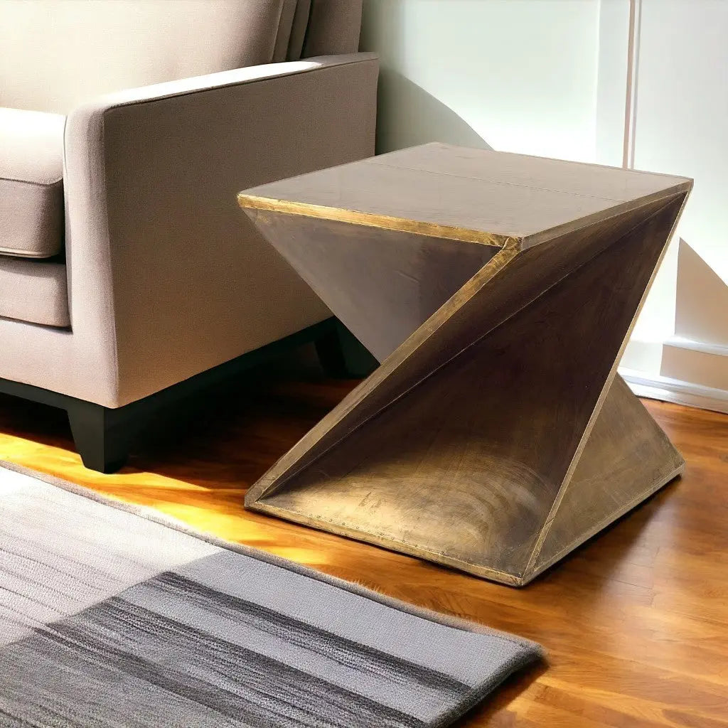 21" Brass Clad Distressed Wood Abstract End Table Homeroots Living Room