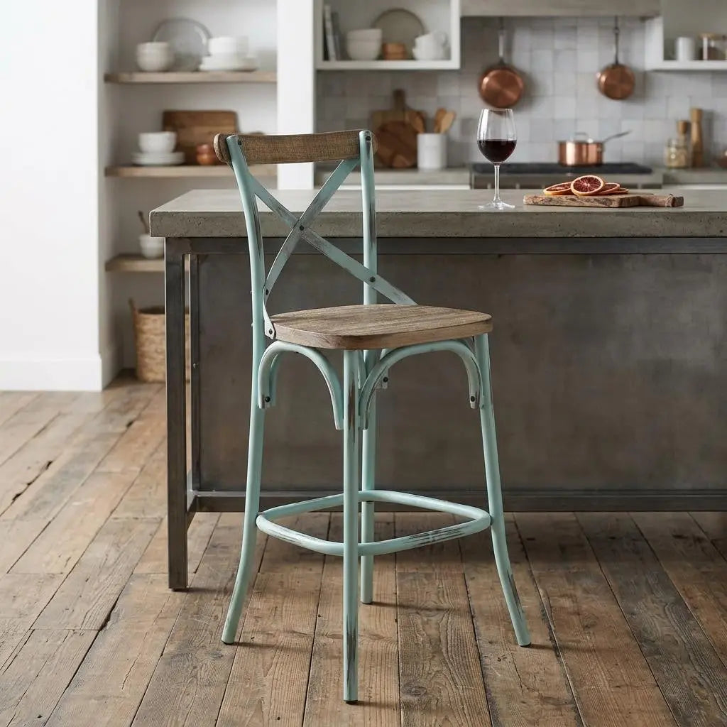 21" Brown And Sky Blue Iron Bar Chair Homeroots Living Room