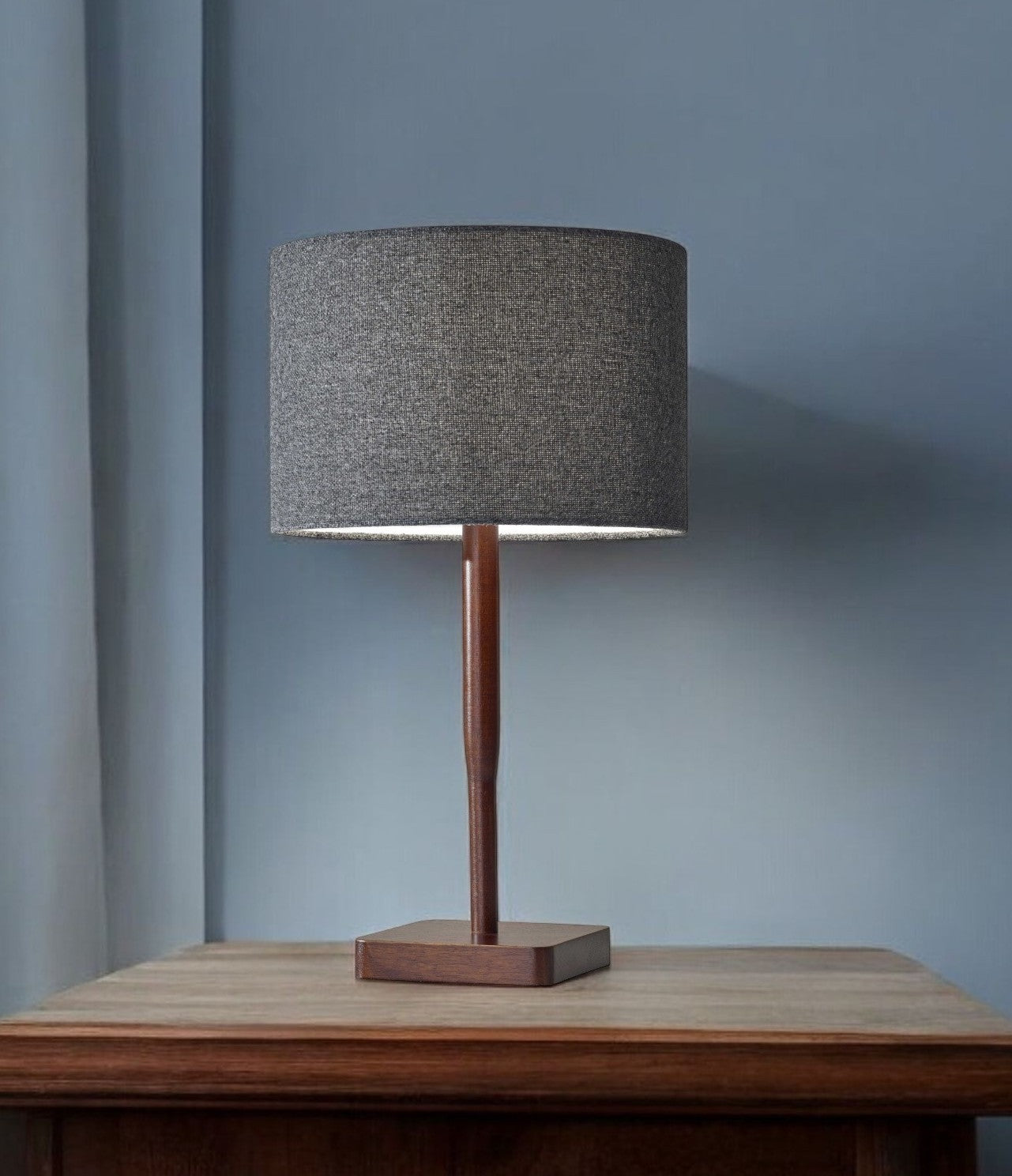 21" Brown Solid Wood Table Lamp With Dark Gray Drum Shade - GreatEagleInc