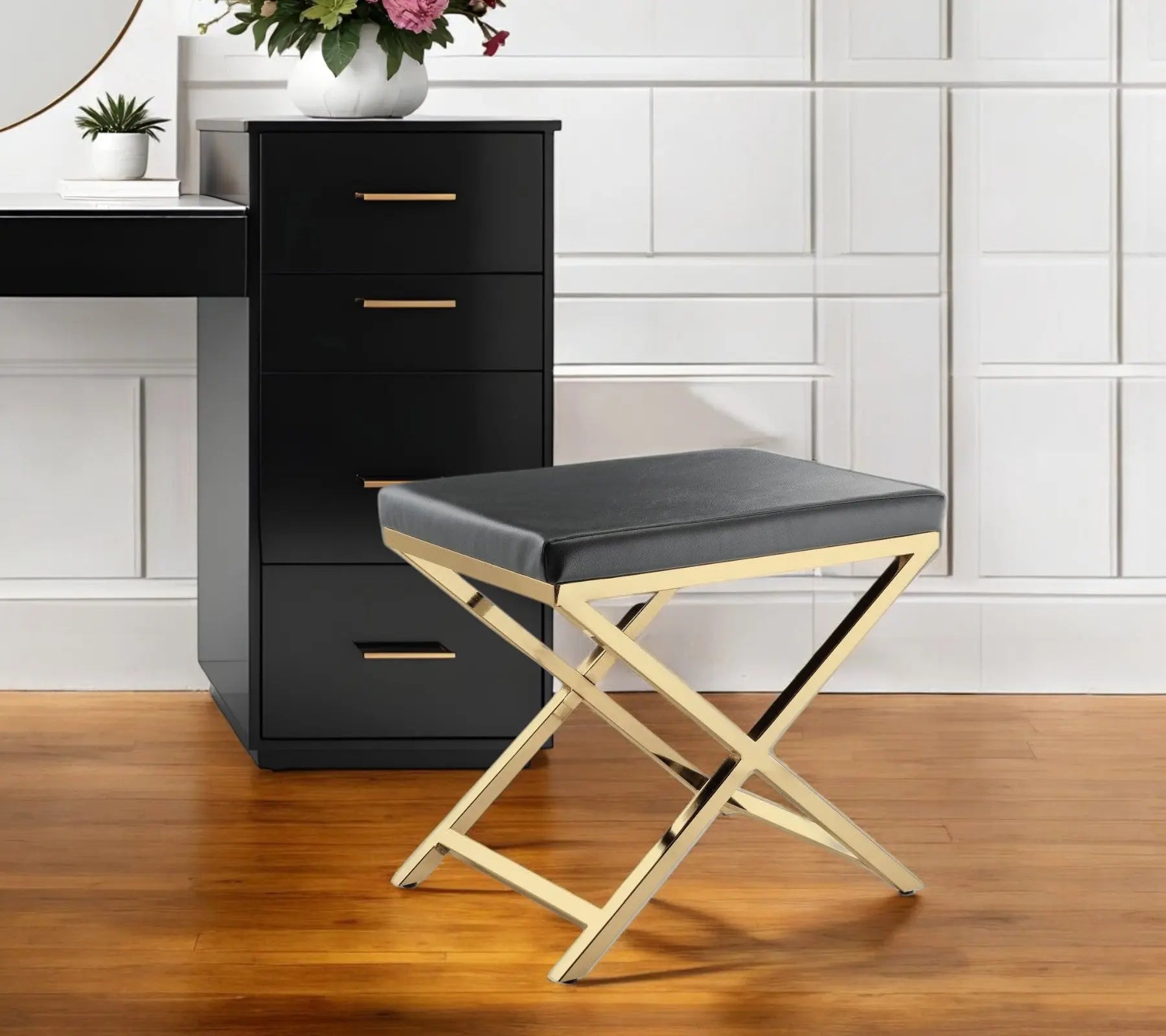 21" Charcoal and Gold Faux Leather Vanity Chair Homeroots Living Room