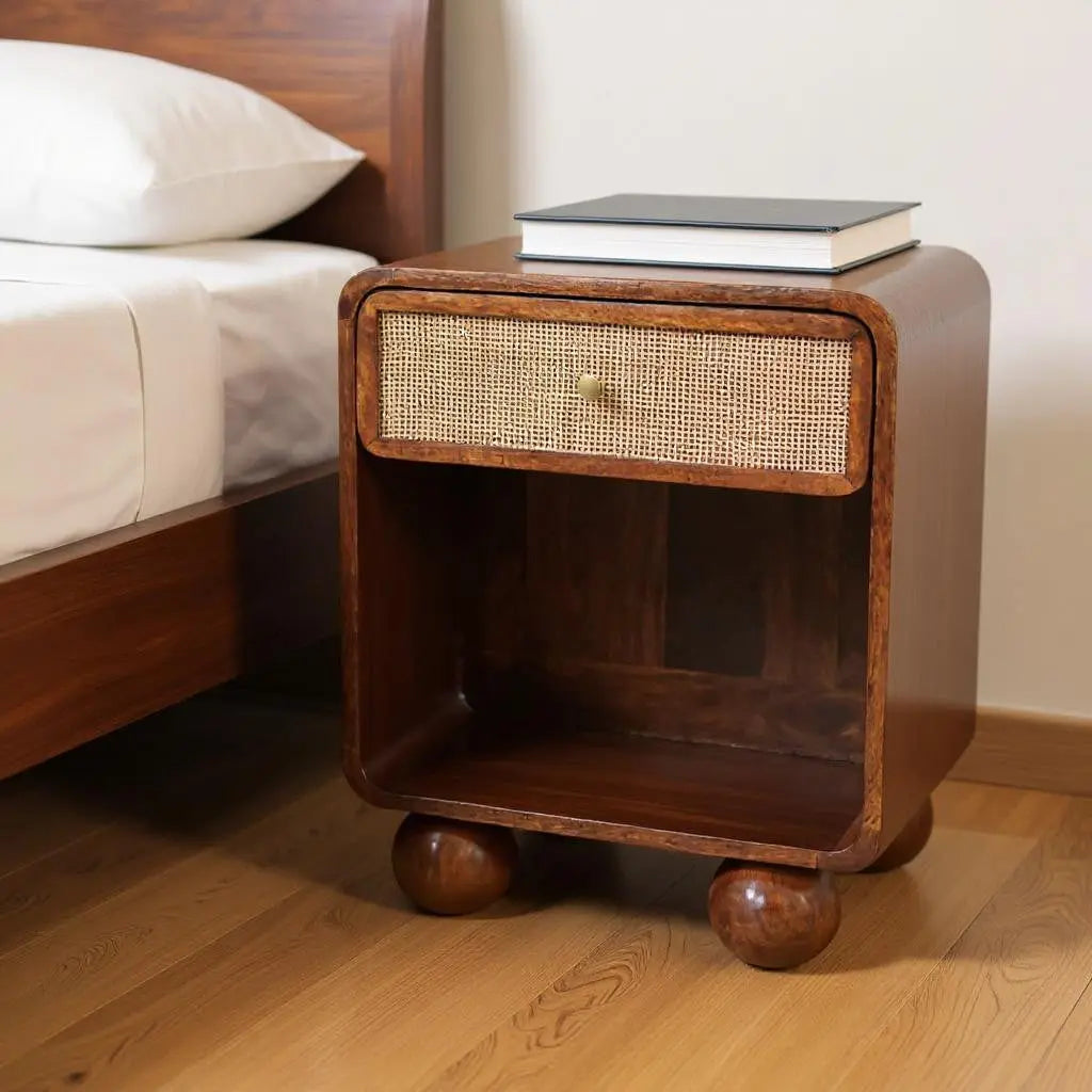 21" Chestnut Solid Wood Cane Rattan One Drawer Nightstand Homeroots Bed & Bath