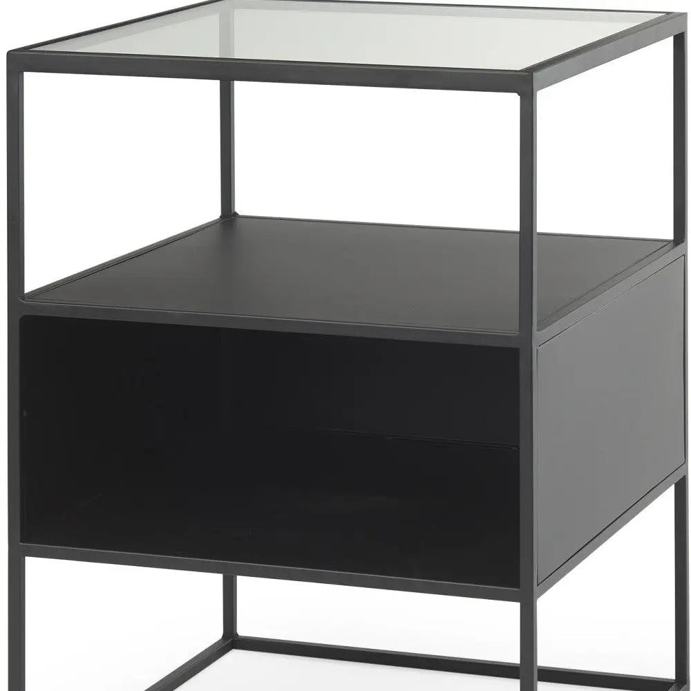 21" Clear and Black Glass and Metal Square Frame End Table With Two Shelves Homeroots Living Room