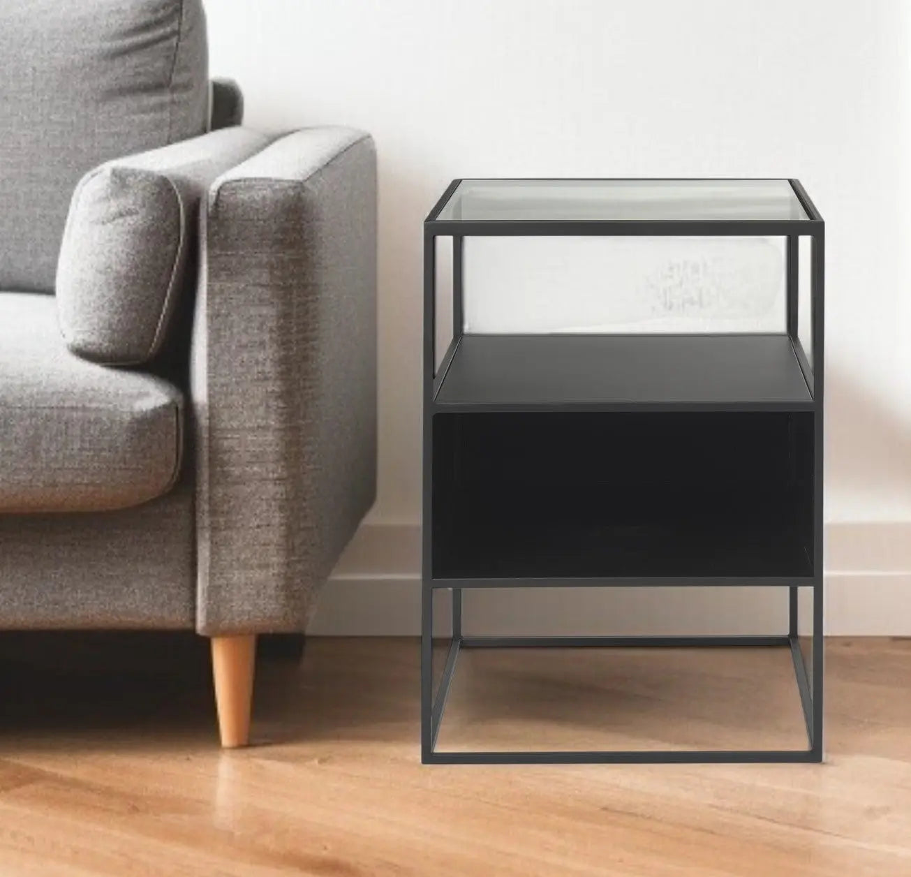 21" Clear and Black Glass and Metal Square Frame End Table With Two Shelves Homeroots Living Room