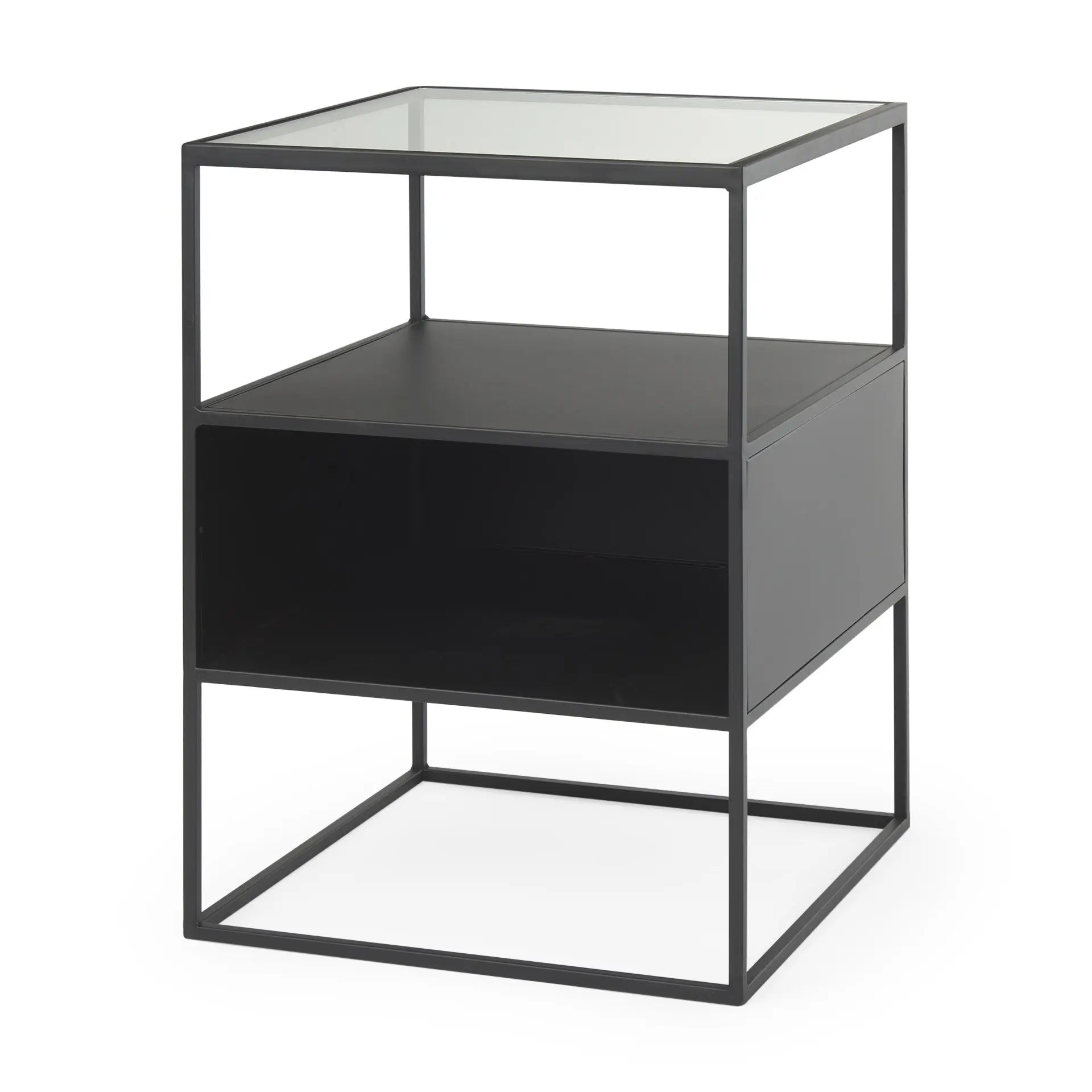 21" Clear and Black Glass and Metal Square Frame End Table With Two Shelves Homeroots Living Room