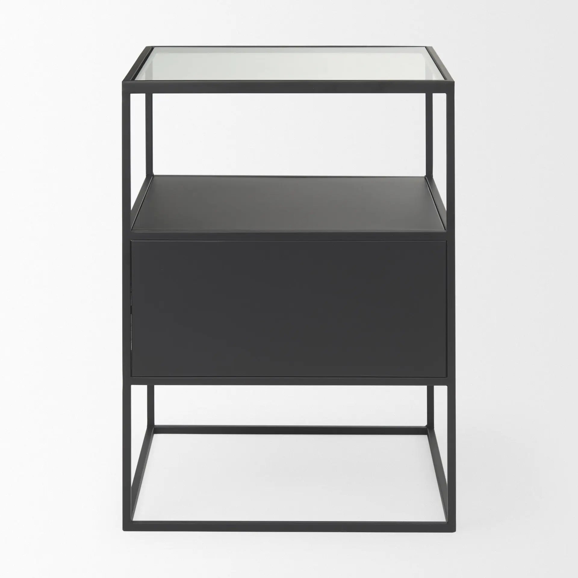 21" Clear and Black Glass and Metal Square Frame End Table With Two Shelves Homeroots Living Room