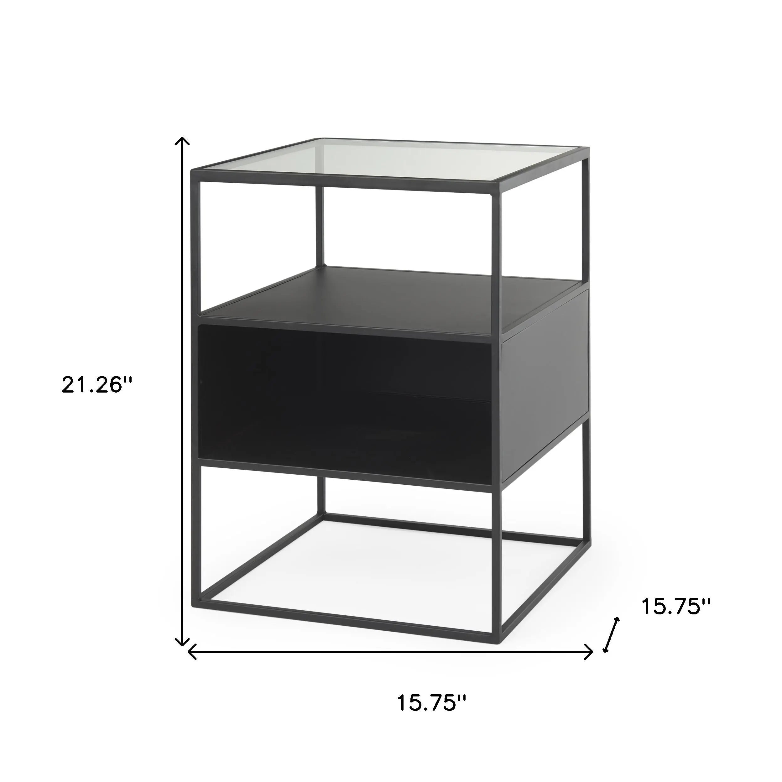 21" Clear and Black Glass and Metal Square Frame End Table With Two Shelves Homeroots Living Room