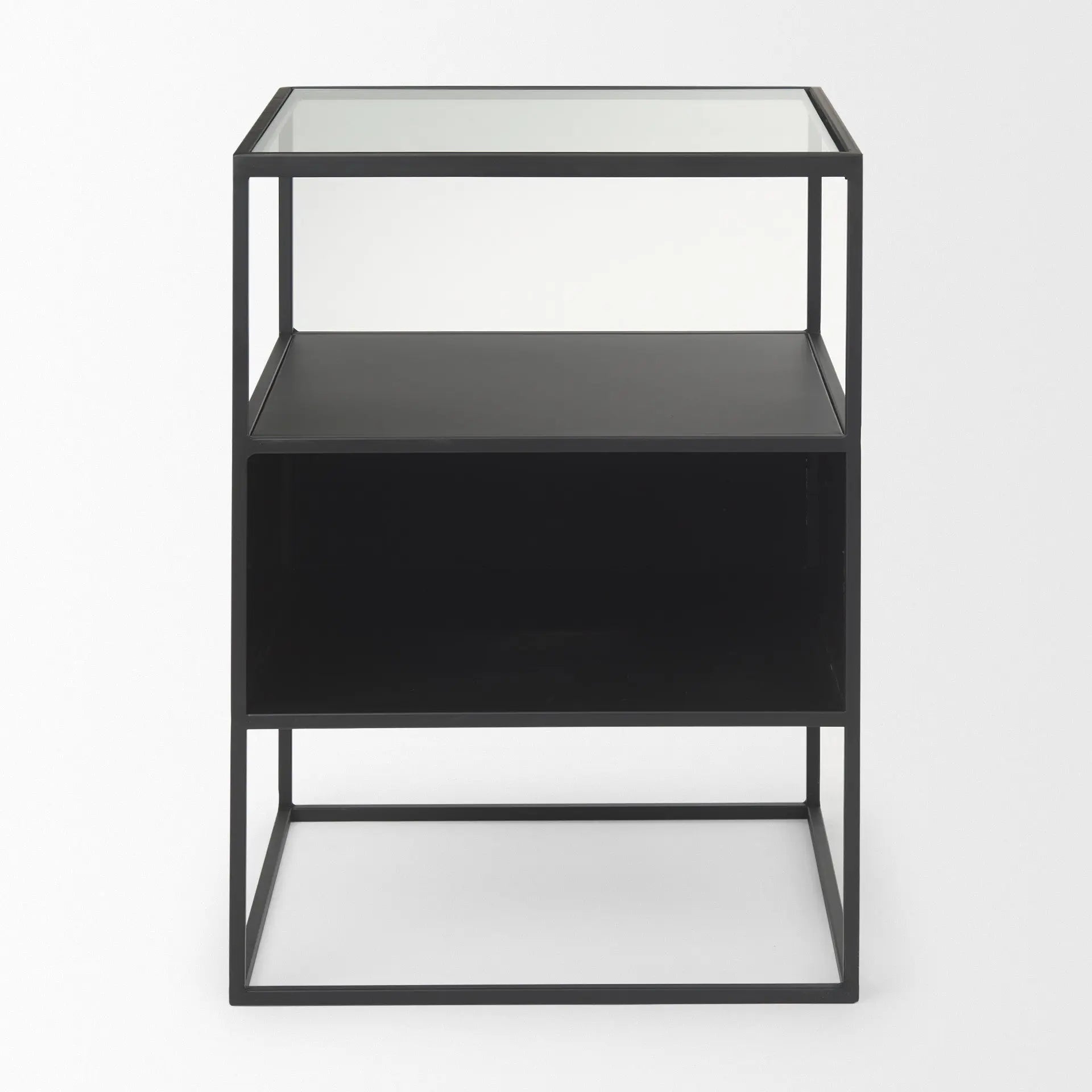 21" Clear and Black Glass and Metal Square Frame End Table With Two Shelves Homeroots Living Room