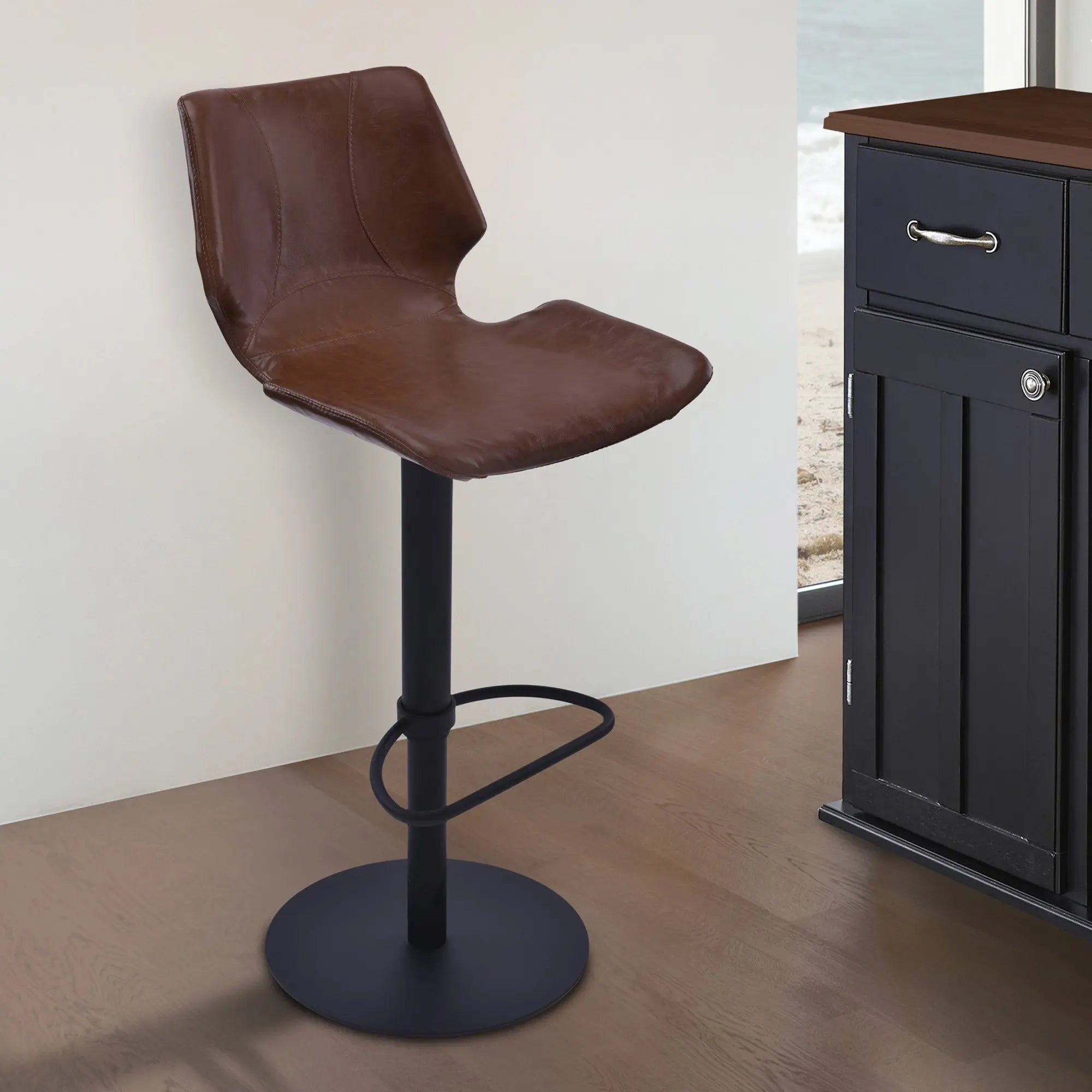 21" Coffee And Black Faux Leather And Iron Swivel Low Back Adjustable Height Bar Chair Homeroots Living Room
