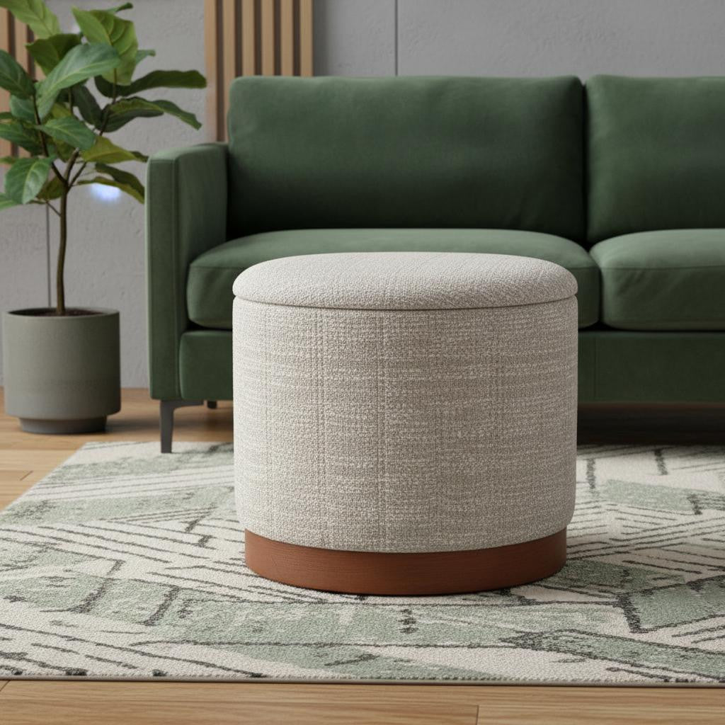 21" Gray and Brown Fabric Round Ottoman With Storage - GreatEagleInc