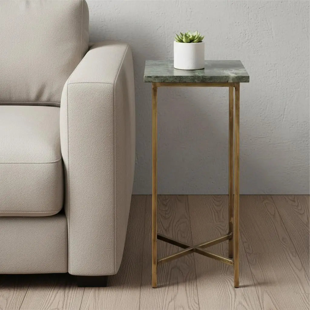 21" Green and Gold Marble Drink Size Square End Table - GreatEagleInc